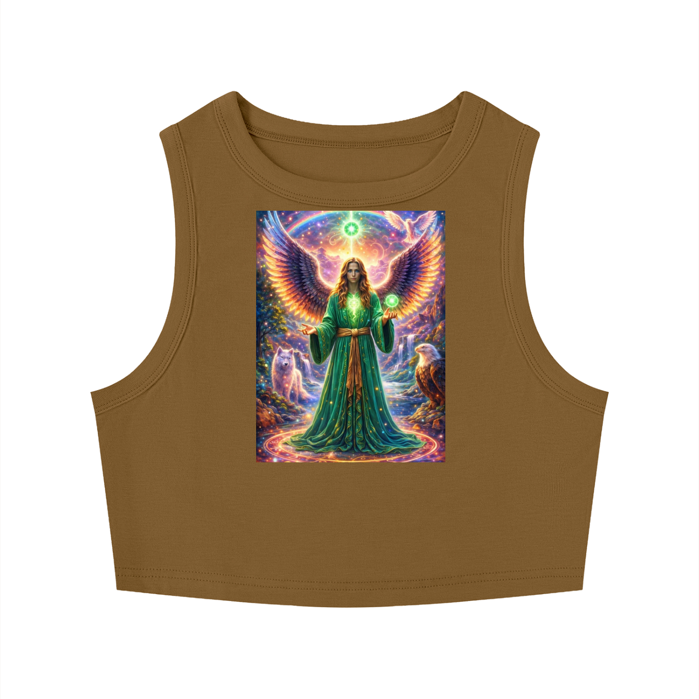 A sleeveless cropped tank top in a warm brown color, featuring a large, colorful graphic print of a winged angel in a green robe holding a glowing orb on the chest, set against a plain white background.