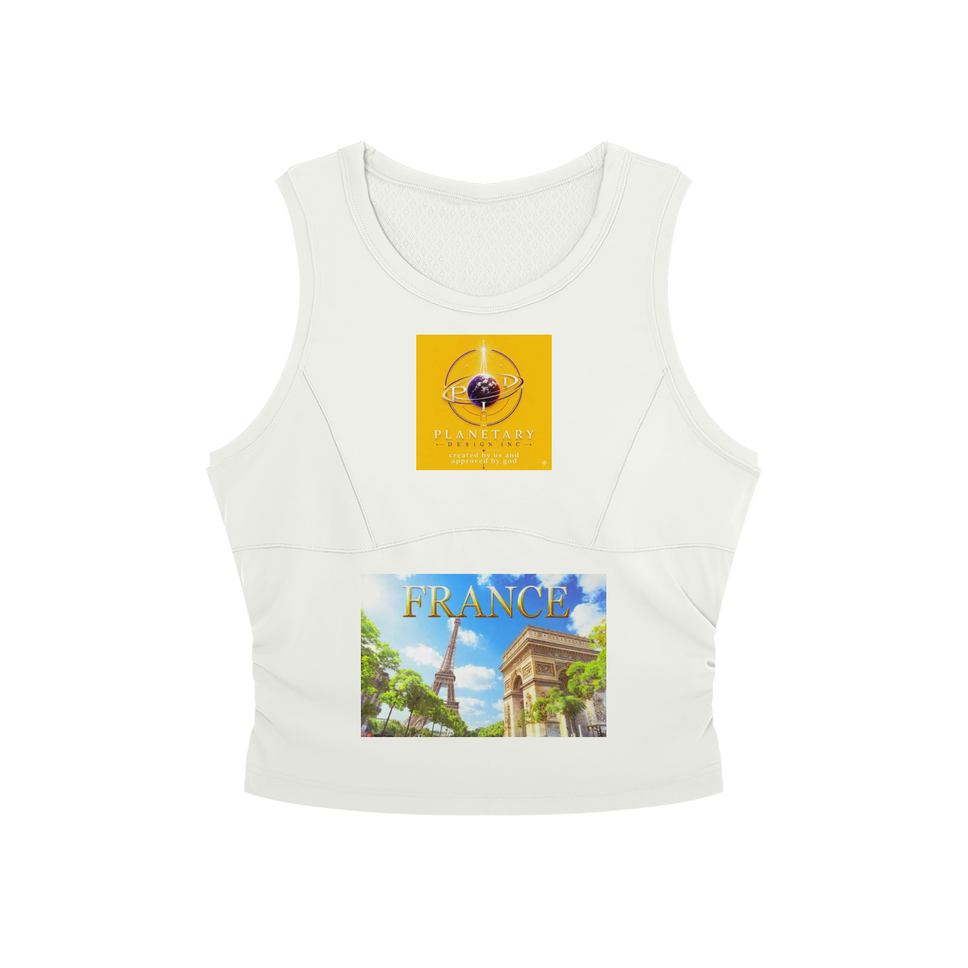 White sleeveless top with two graphic designs on a white background