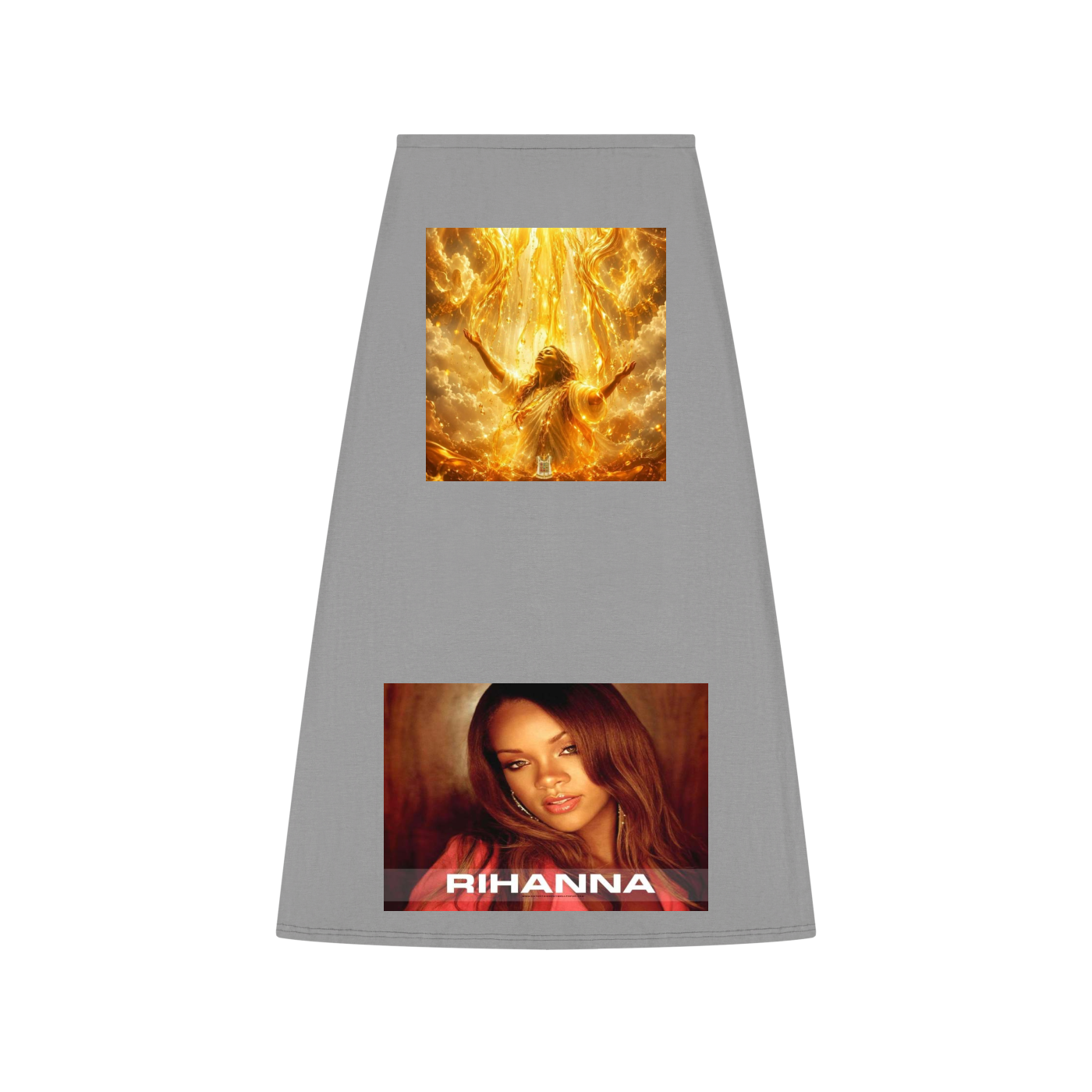 Gray skirt with two images on it: one of a person in a bright, fiery outfit and another of a person wearing a red outfit with 'Rihanna' text.