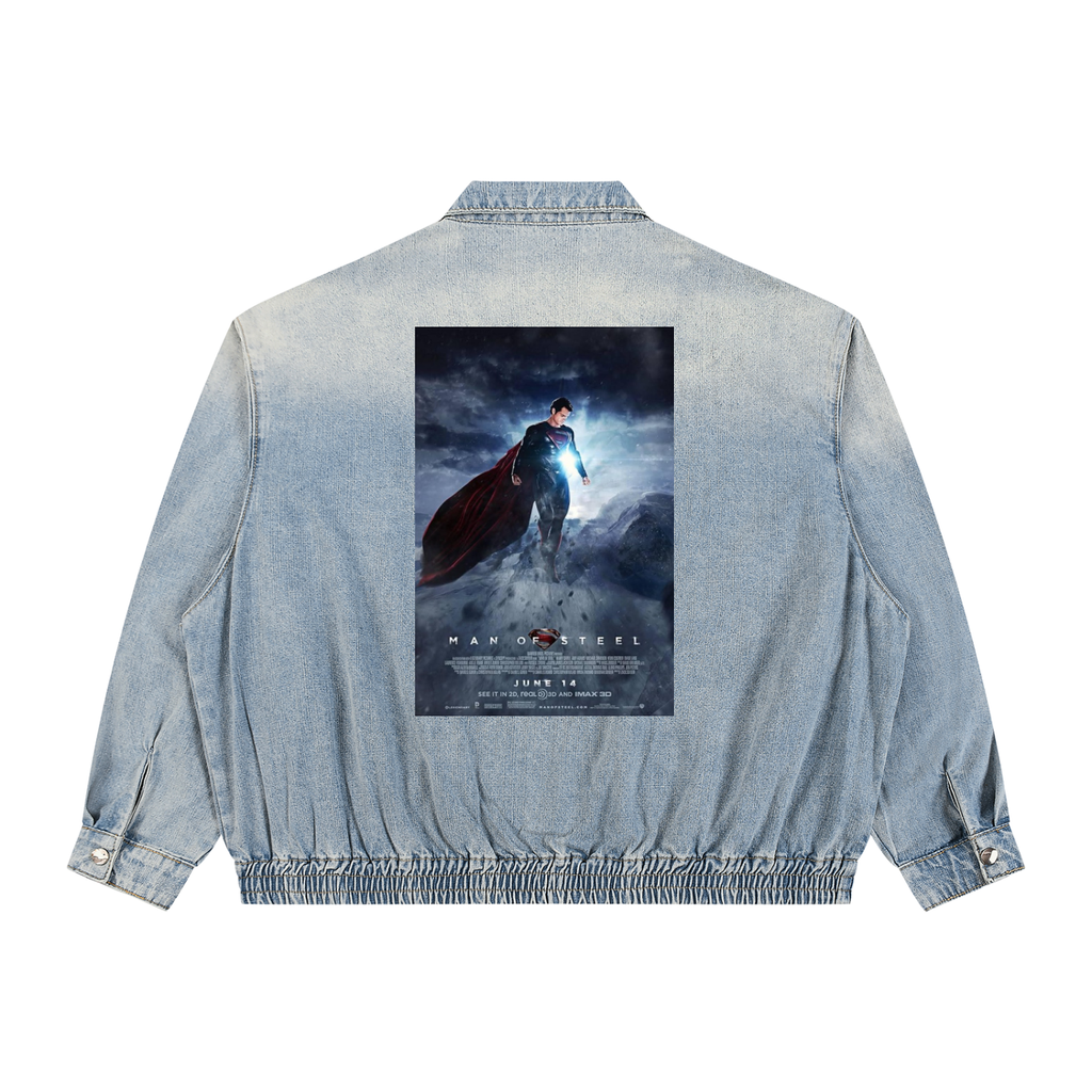 Denim jacket with a movie poster of Superman on the back