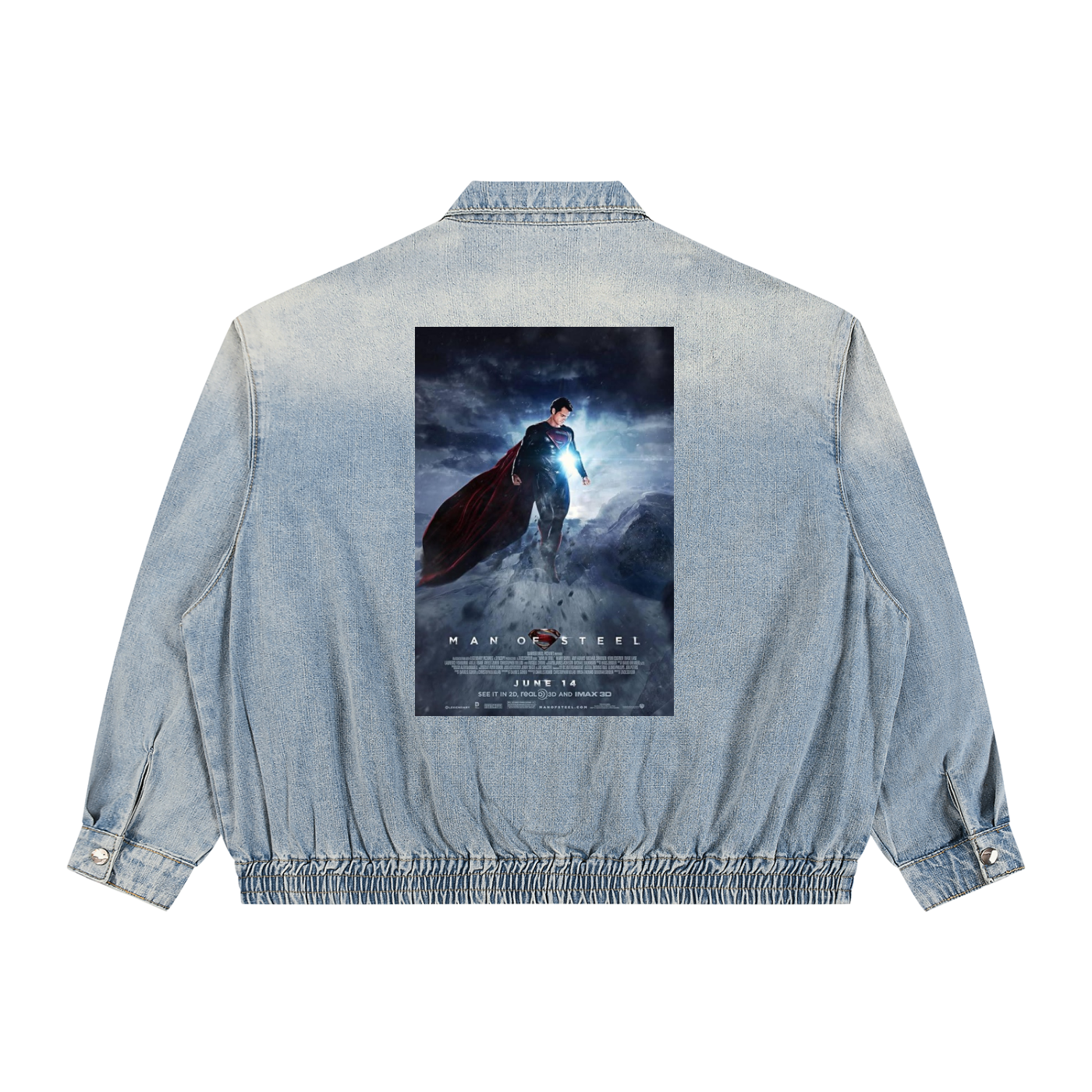 Denim jacket with a movie poster of Superman on the back