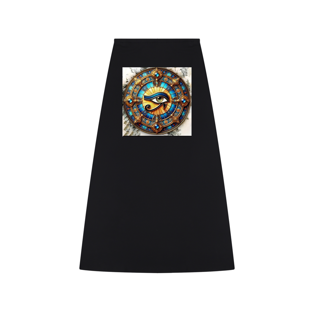 A black A-line skirt featuring a square graphic print on the front with a colorful, circular Egyptian-themed design containing a stylized eye motif.