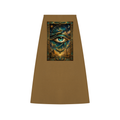 A brown A-line skirt featuring a central graphic print of an all-seeing eye surrounded by stars and cosmic details, set against a plain white background.