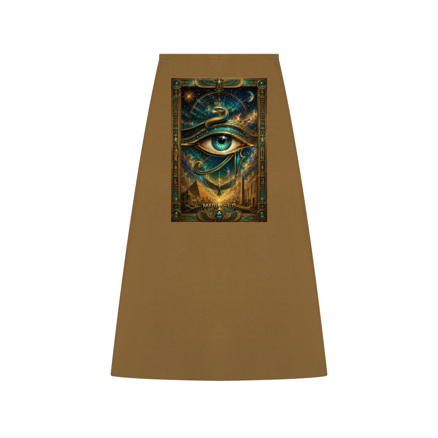 A brown A-line skirt featuring a central graphic print of an all-seeing eye surrounded by stars and cosmic details, set against a plain white background.