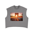 Gray sleeveless shirt with a printed design of the Arc de Triomphe at sunset.