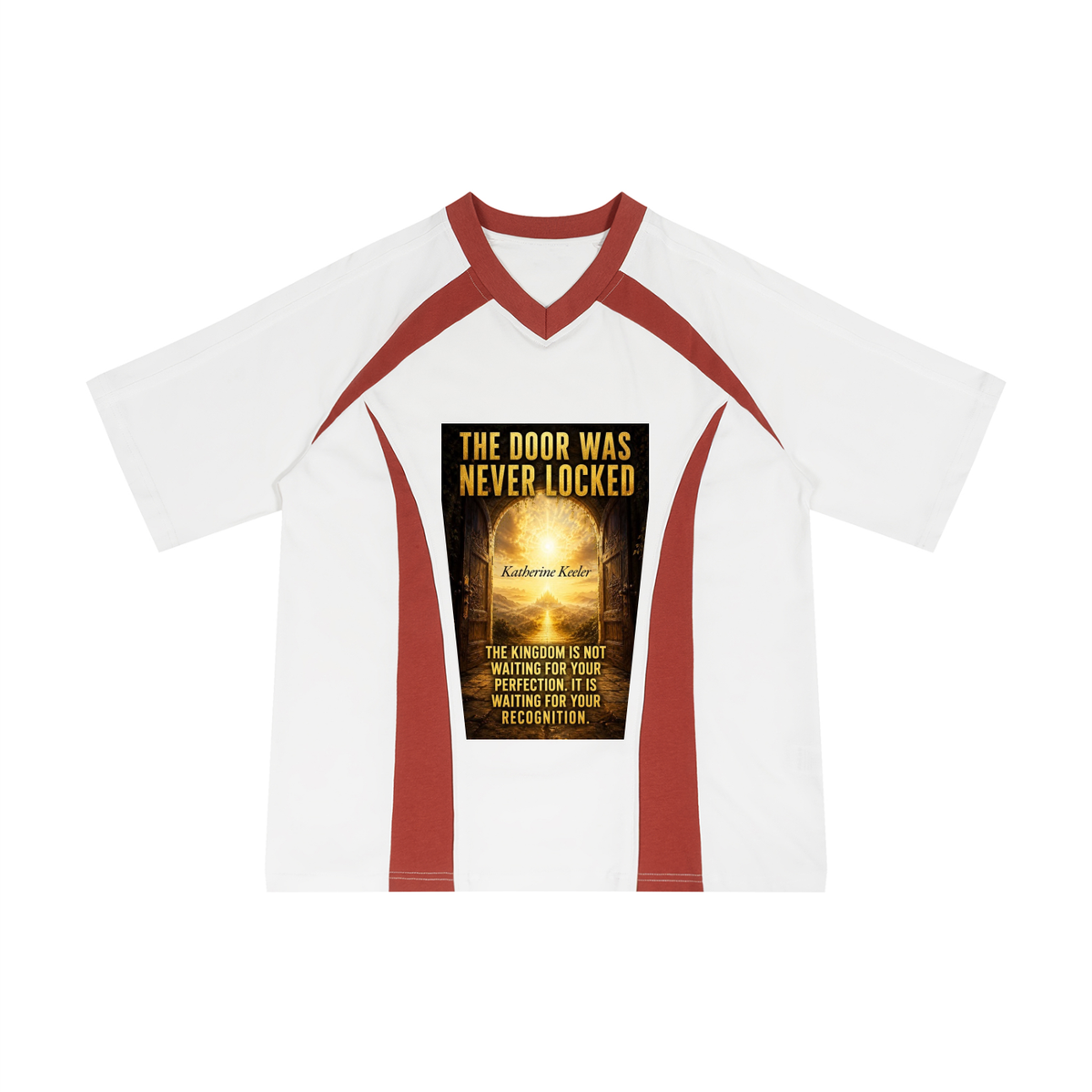 A white raglan-style t-shirt with dark red shoulder and side panels, featuring a large graphic print on the front with the text 'THE DOOR WAS NEVER LOCKED' and a glowing golden door illustration.