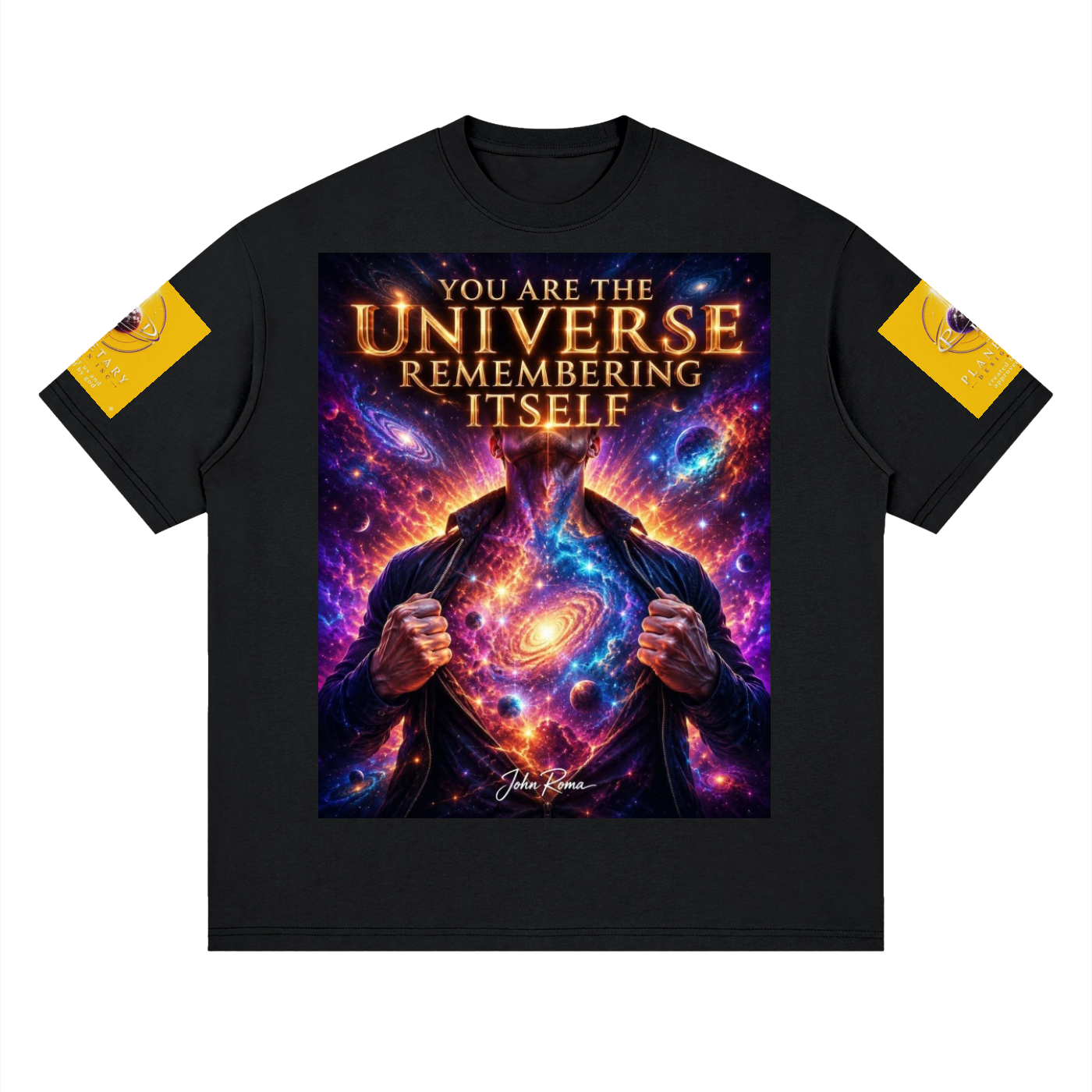 Black t-shirt with cosmic design and text 'You are the Universe Remembering Itself' on a white background