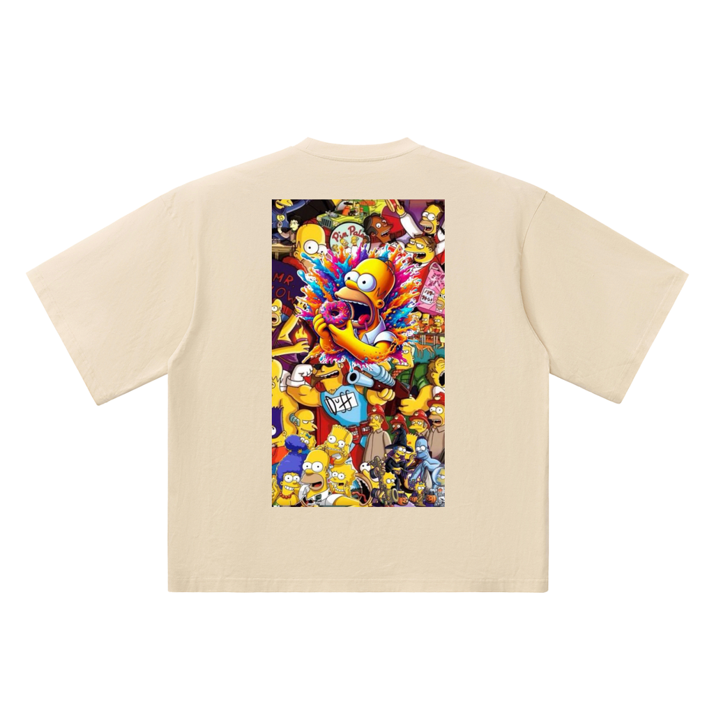 Beige t-shirt with colorful cartoon character graphic on a white background