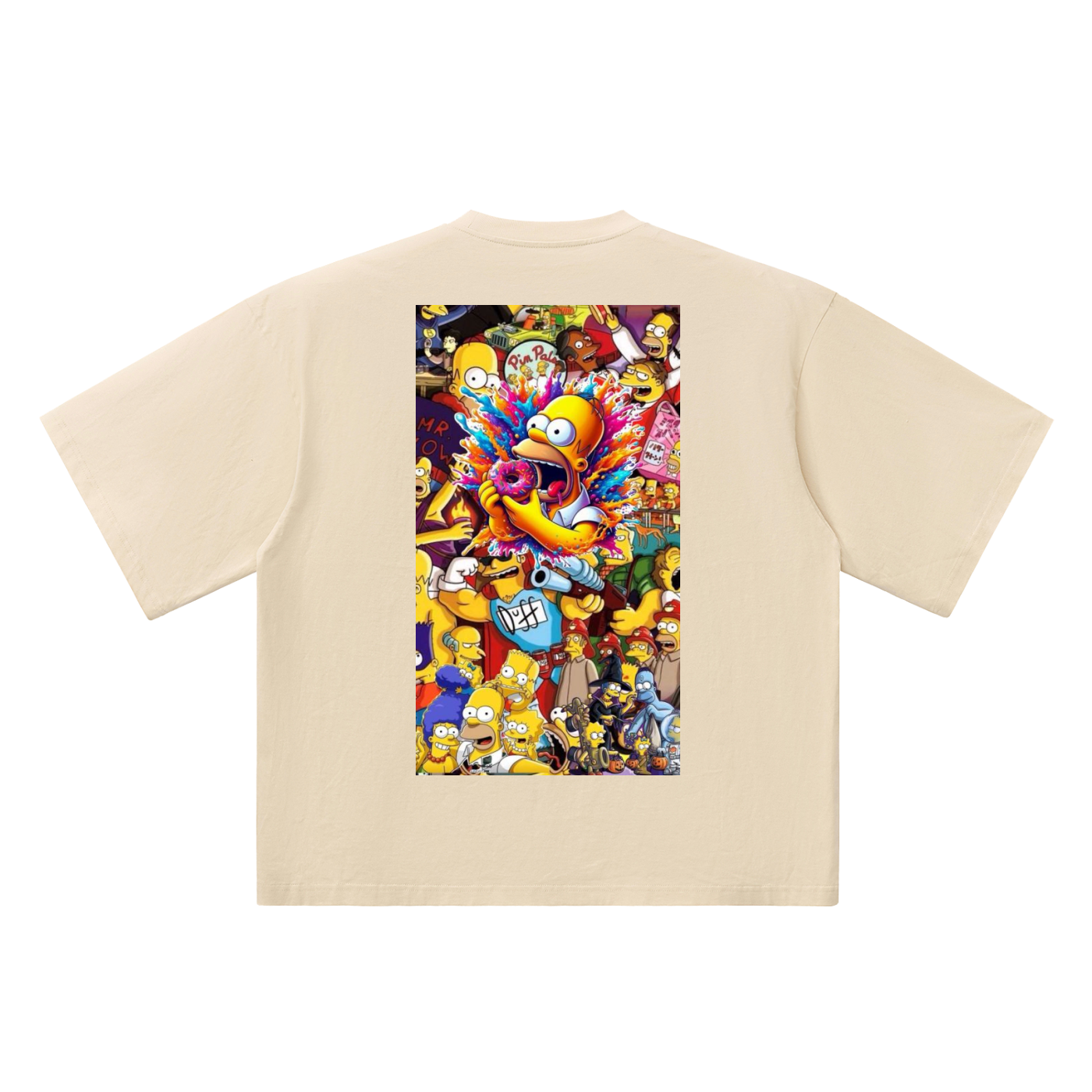 Beige t-shirt with colorful cartoon character graphic on a white background