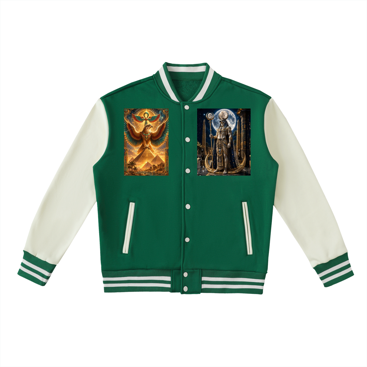 A green and cream varsity jacket featuring fantasy character prints on the chest, displayed against a solid white background.