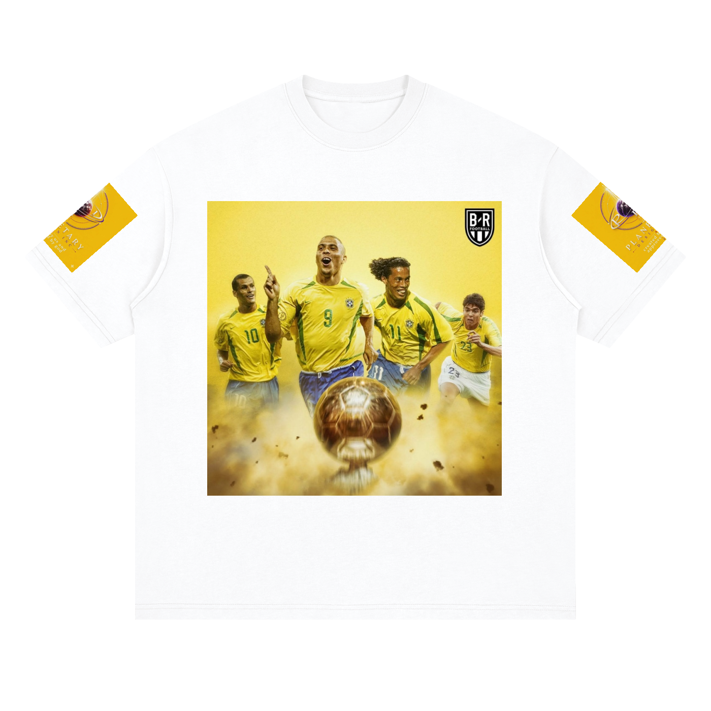 White t-shirt with a graphic of soccer players and a ball on a yellow background
