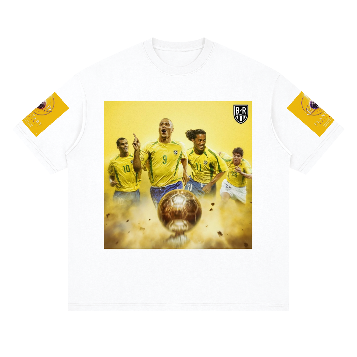 White t-shirt with a graphic of soccer players and a ball on a yellow background