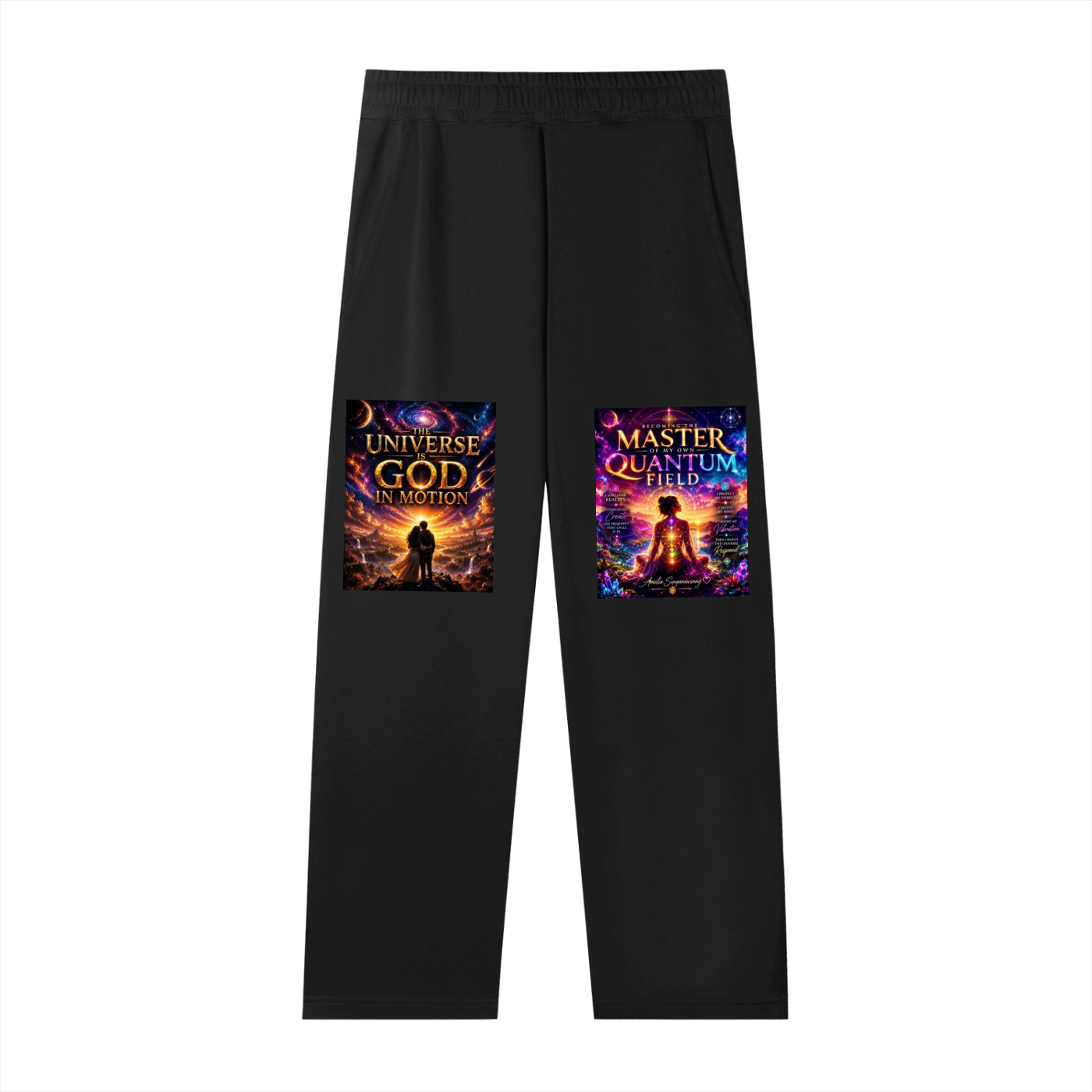 Black pants with graphic designs on a white background