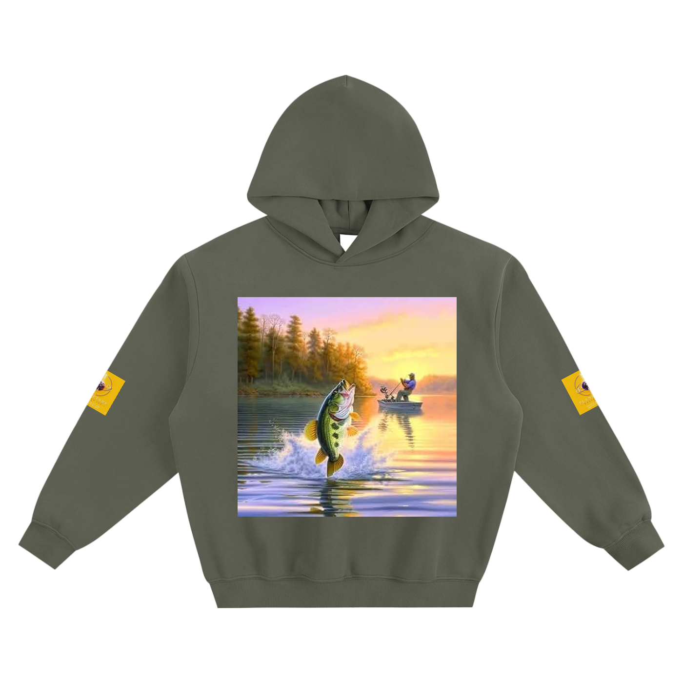 Green hoodie with a fishing-themed graphic on a white background