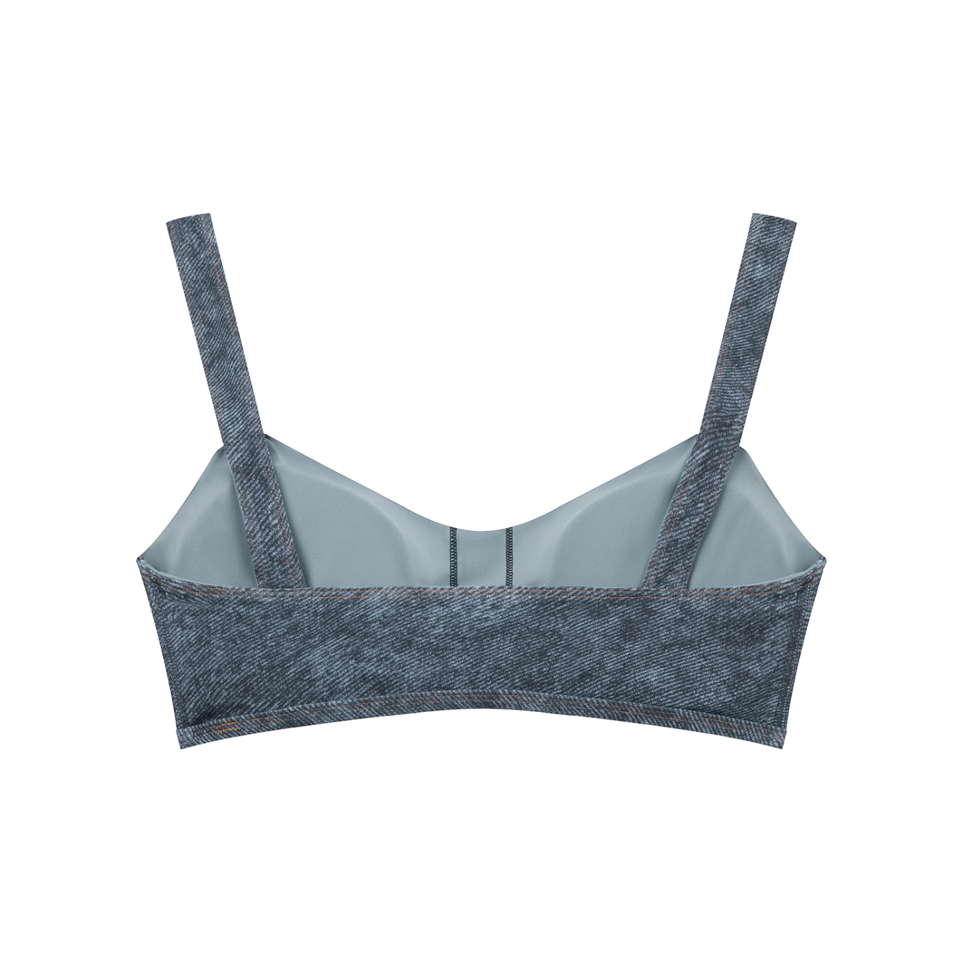 Gray bra with denim-like trim on a white background