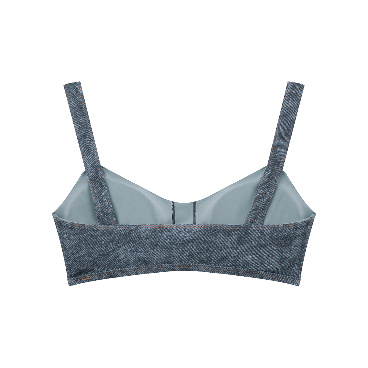 Gray bra with denim-like trim on a white background