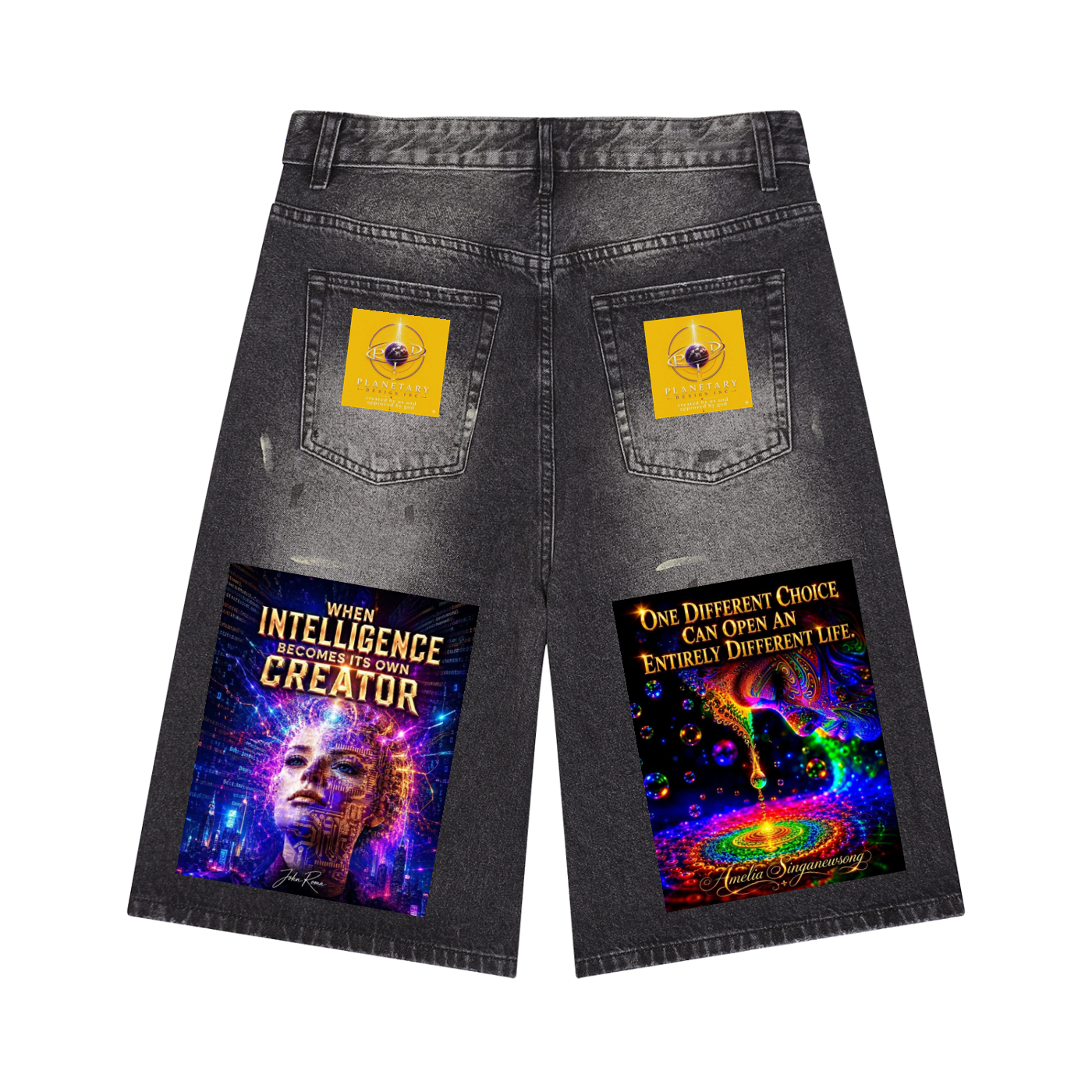 Back view of dark gray washed denim shorts with two large colorful graphic prints on the back pockets and seat area. The left pocket graphic shows a face with glowing text, and the right pocket graphic shows a cosmic multicolor design with text.
