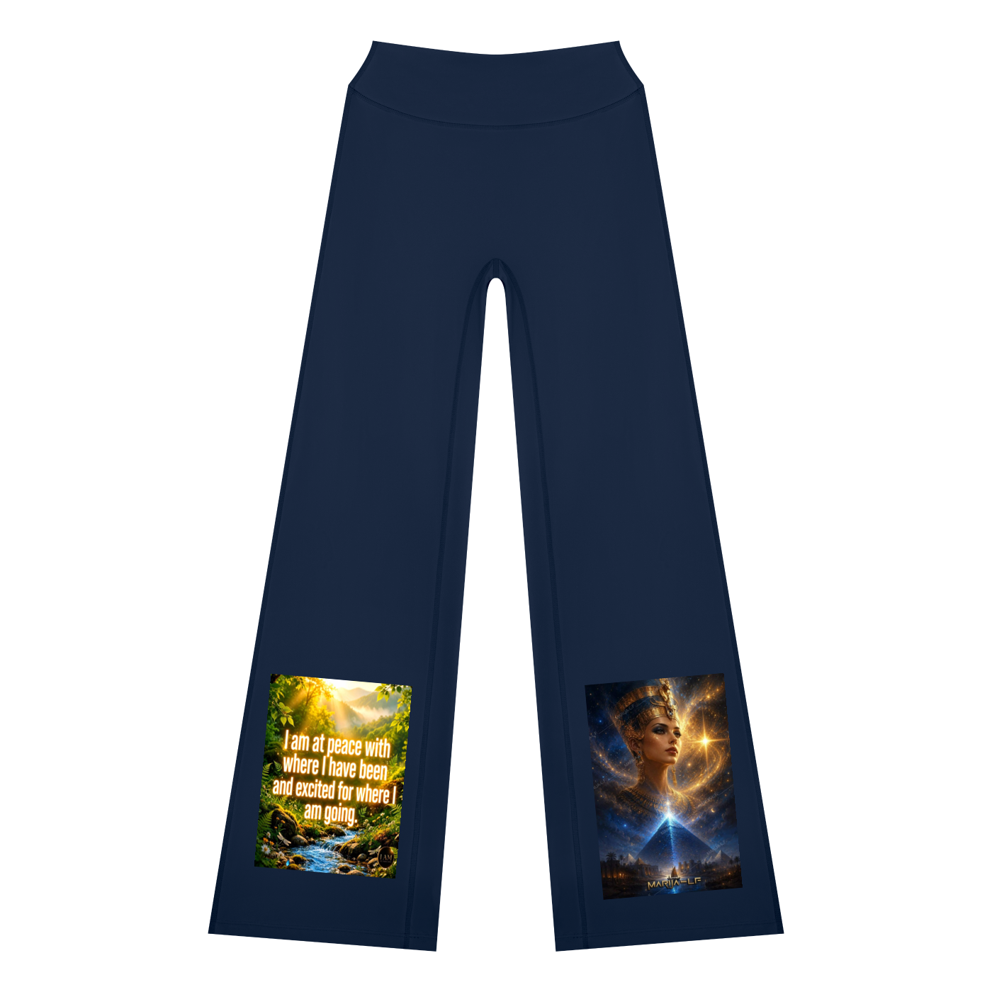 Navy blue wide-leg leggings with two colorful graphic prints on the lower legs, shown on a plain white background.