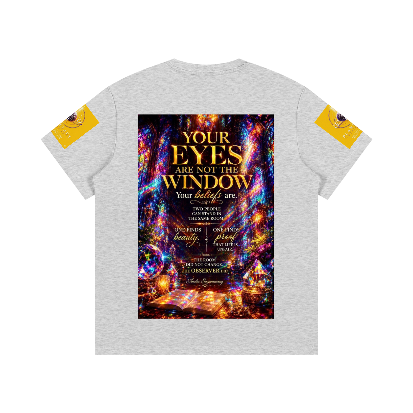 Gray t-shirt with colorful graphic and text on a white background