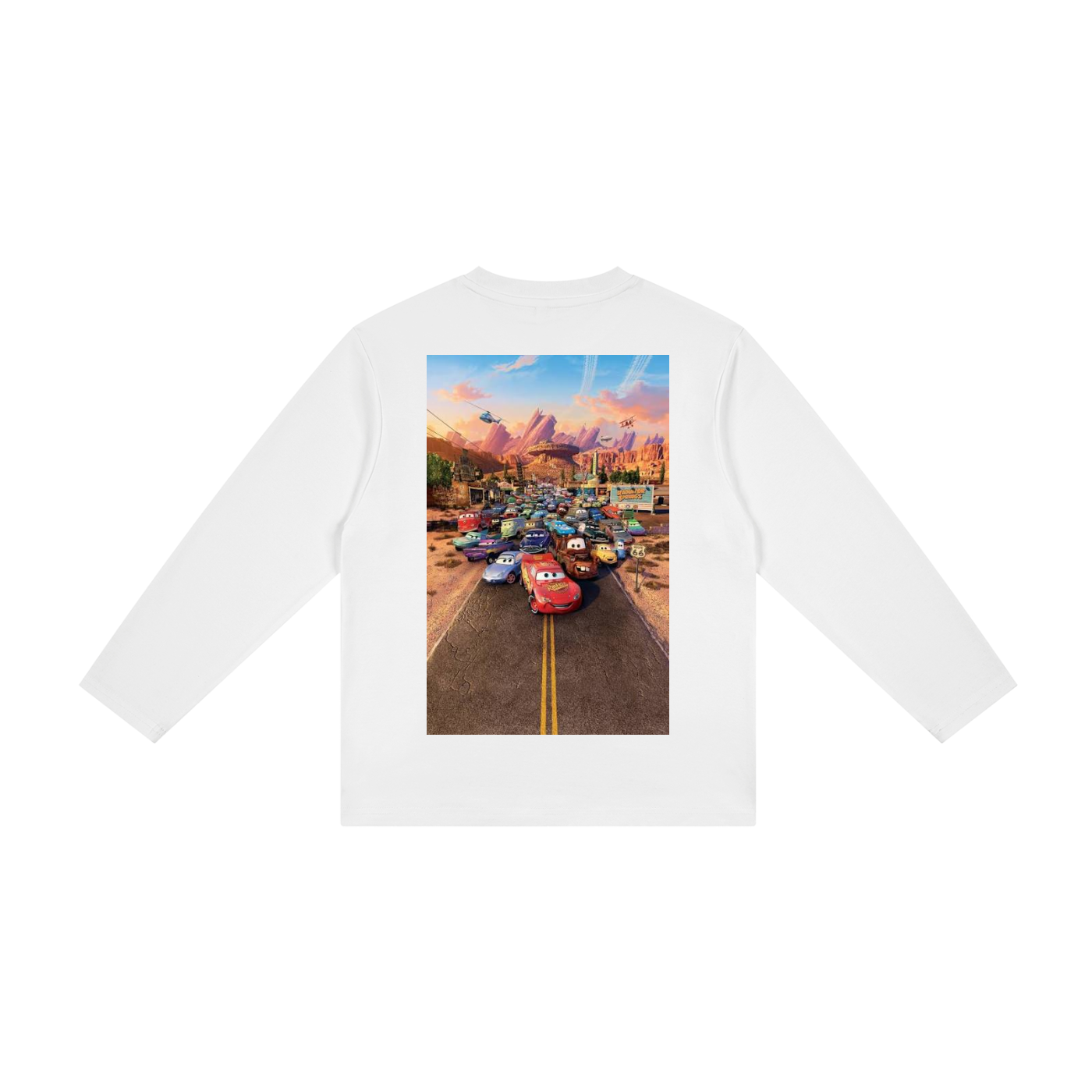 White long-sleeve shirt with a colorful graphic of a road and cars on the back.