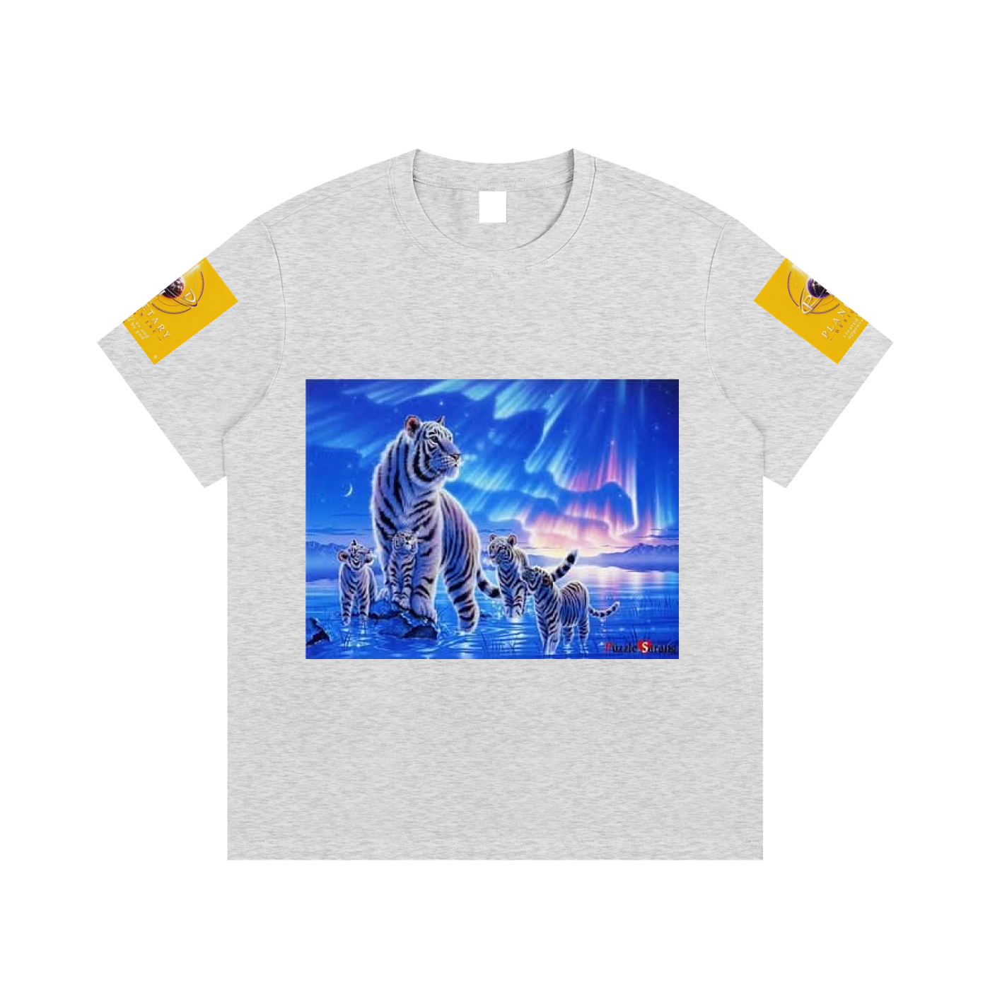Gray t-shirt with a graphic of a family of tigers on a white background