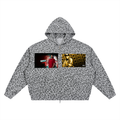 Leopard print jacket with Eminem album covers on front pockets against a white background