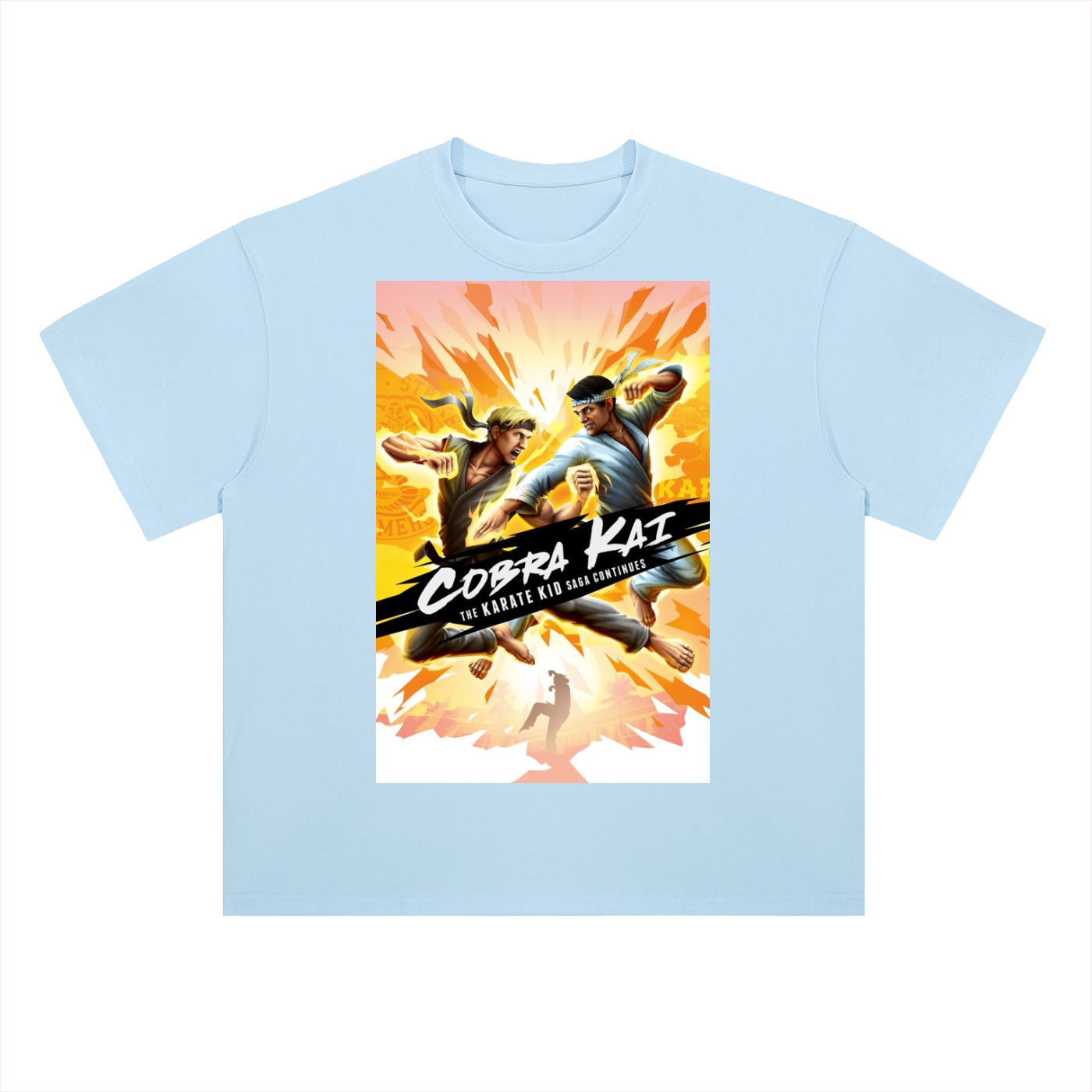 Light blue t-shirt with Cobra Kai graphic on a white background