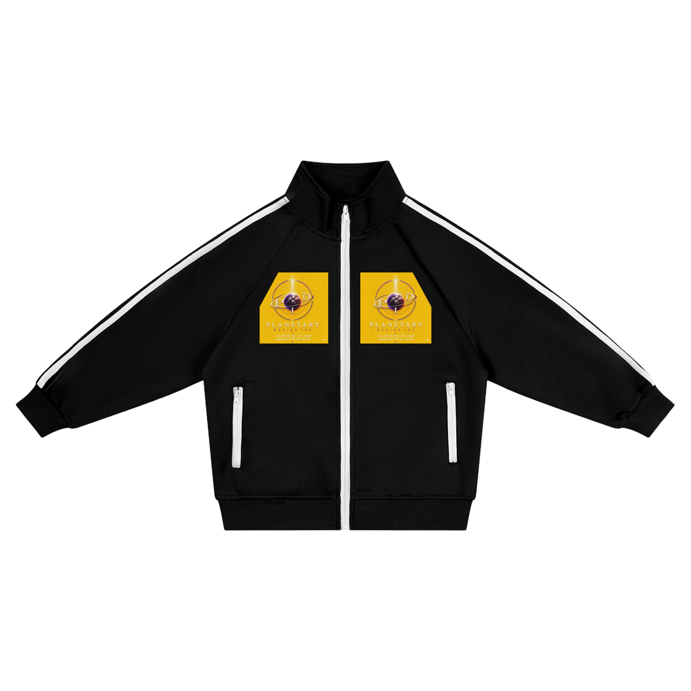 Black track jacket with yellow patches and white stripes on a white background