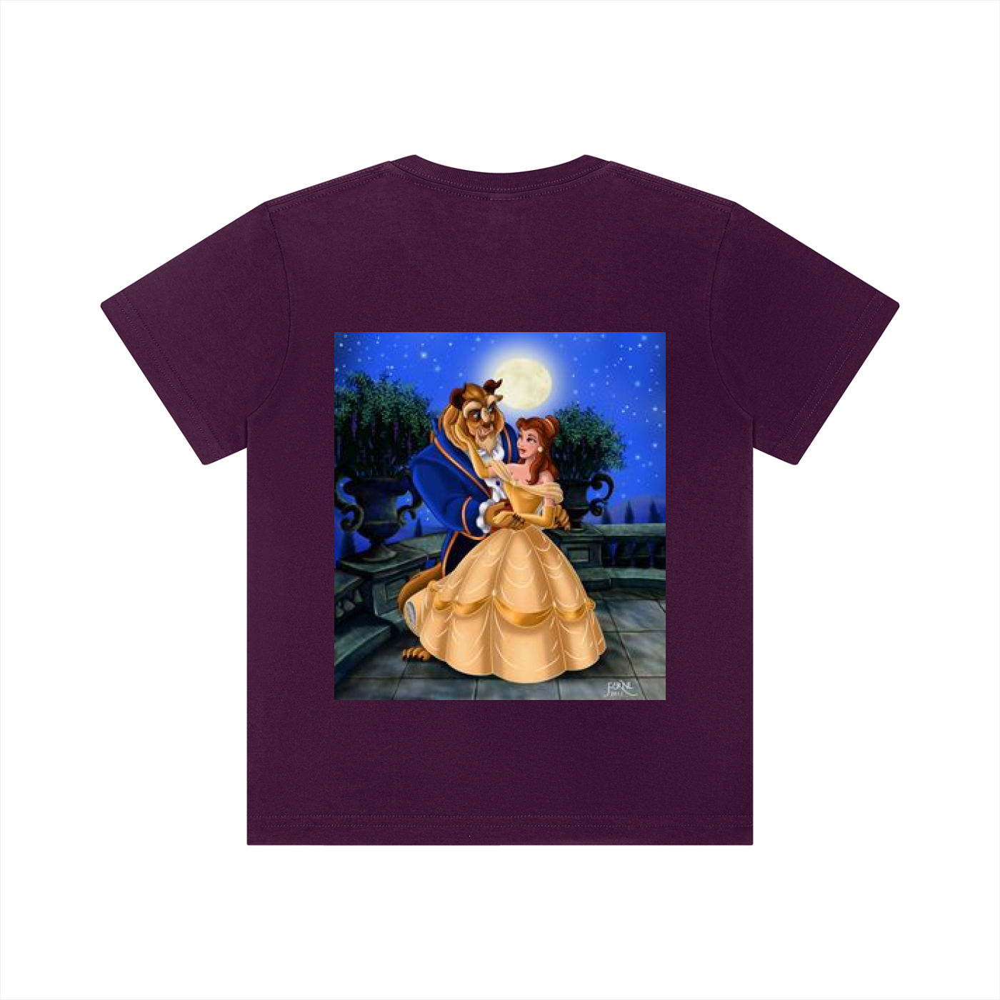 A dark purple short-sleeve t-shirt with a large rectangular graphic print on the front depicting Belle from Beauty and the Beast in her yellow gown dancing with the Beast under a full moon.