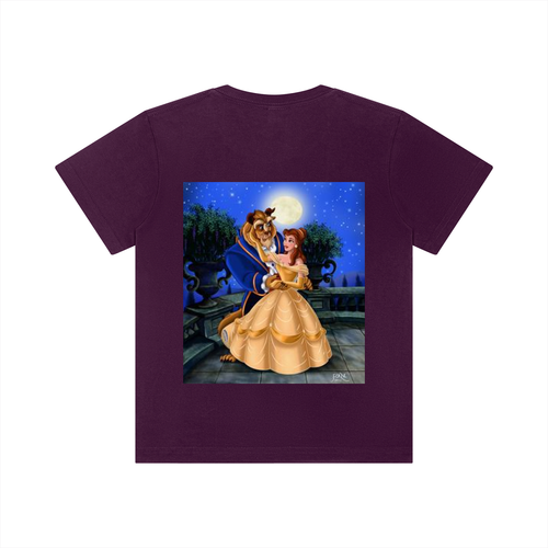 A dark purple short-sleeve t-shirt with a large rectangular graphic print on the front depicting Belle from Beauty and the Beast in her yellow gown dancing with the Beast under a full moon.