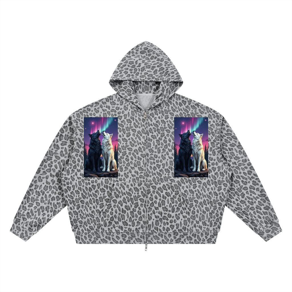 Leopard print jacket with wolf design on a white background