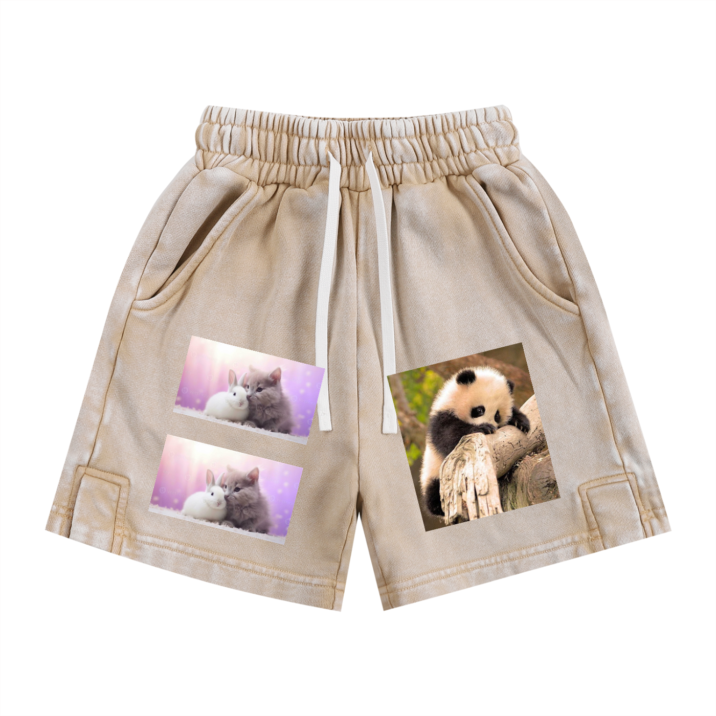 Beige shorts with animal prints on a white background