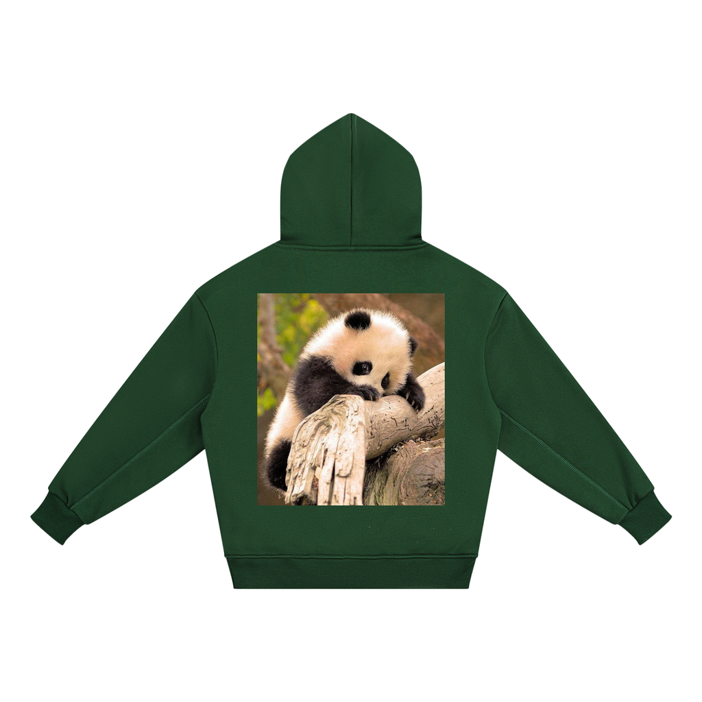 Green hoodie with a panda bear on a branch graphic on the back