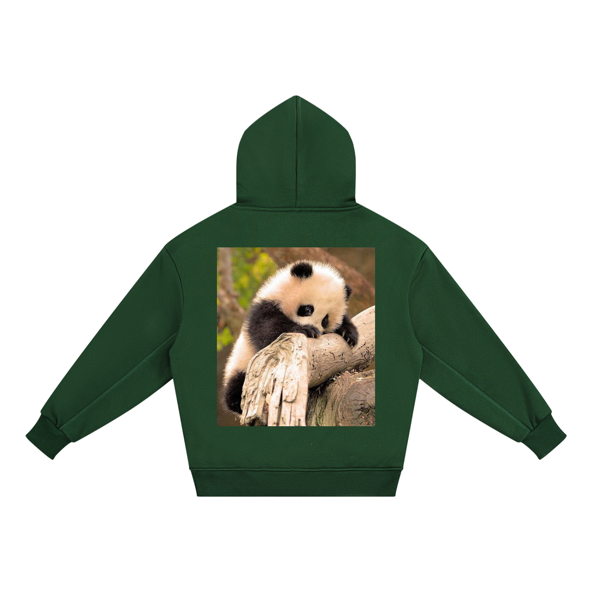Green hoodie with a panda bear on a branch graphic on the back