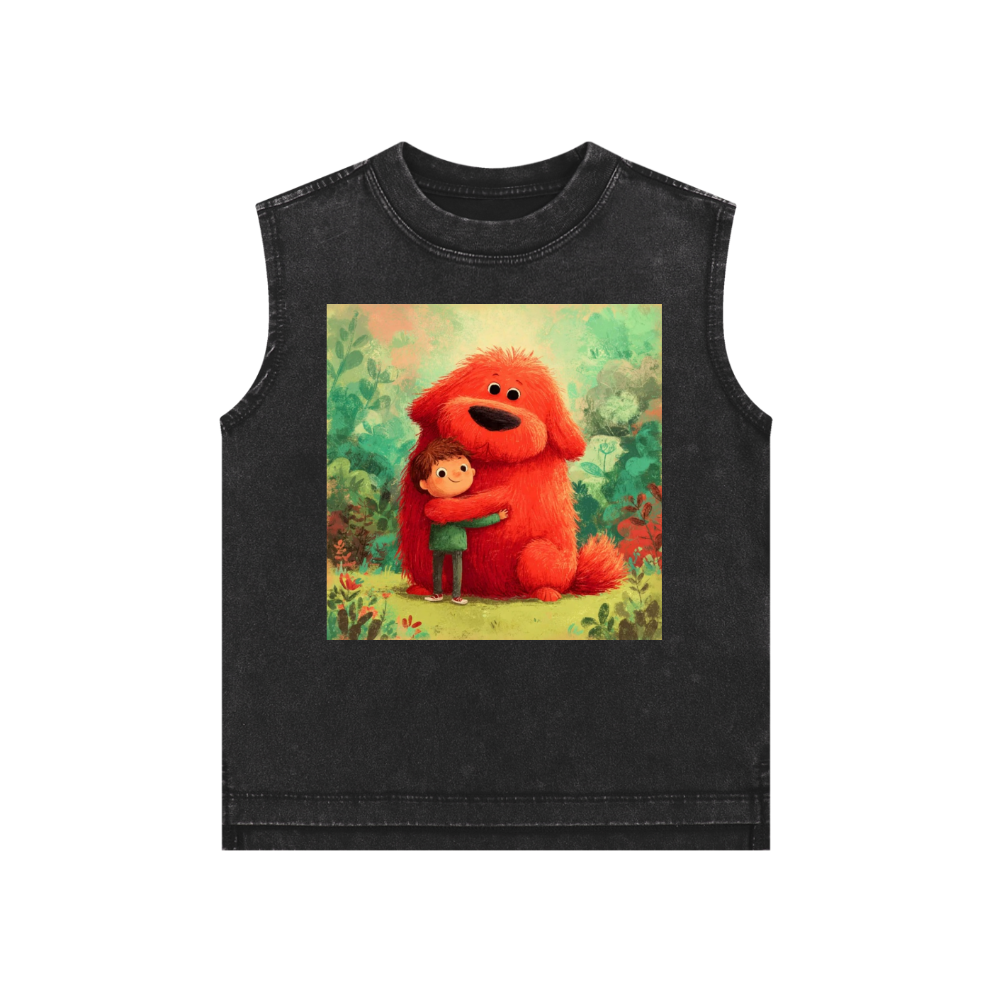 Black sleeveless shirt with a colorful graphic of a red creature and a child on a white background