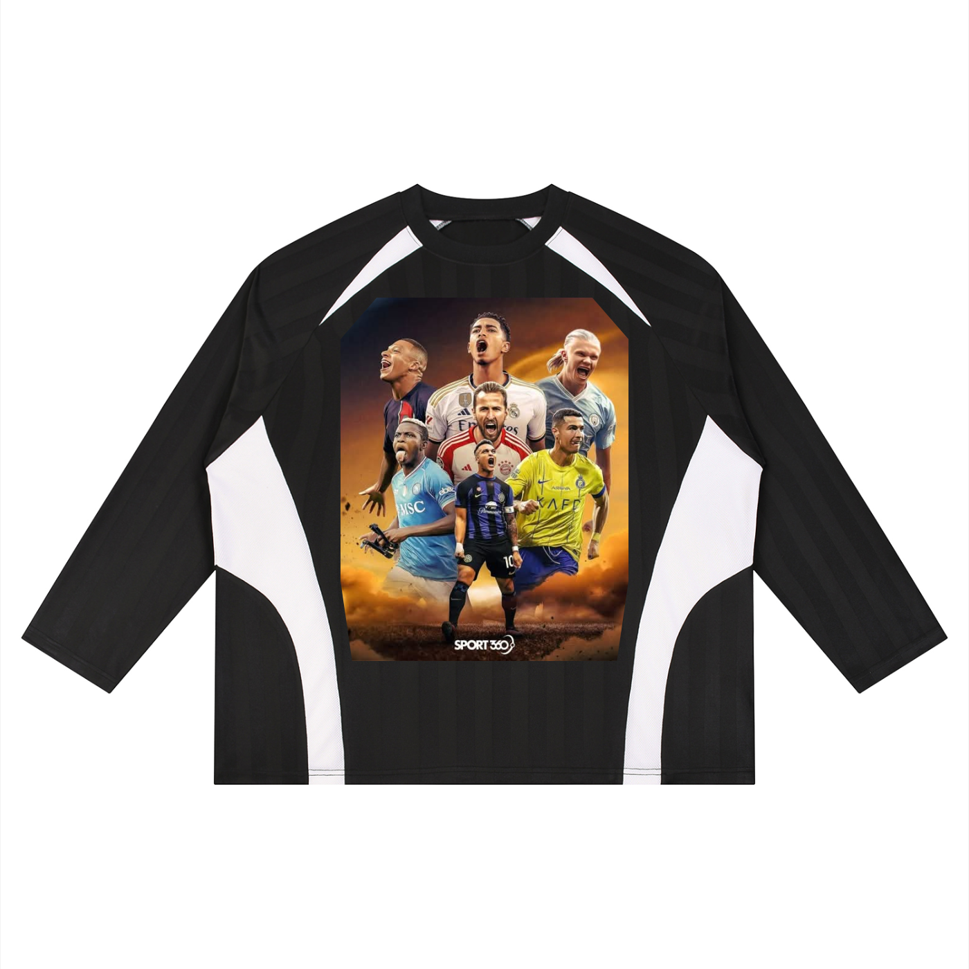 Black and white long-sleeve shirt with a graphic of soccer players on a white background