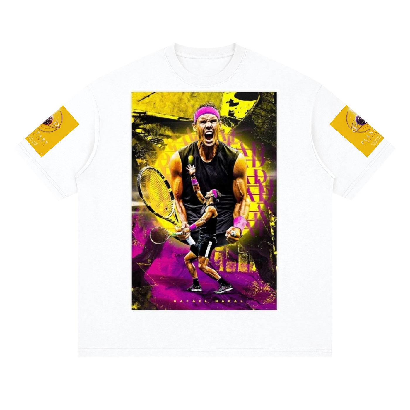 White t-shirt with a graphic of a tennis player on a white background