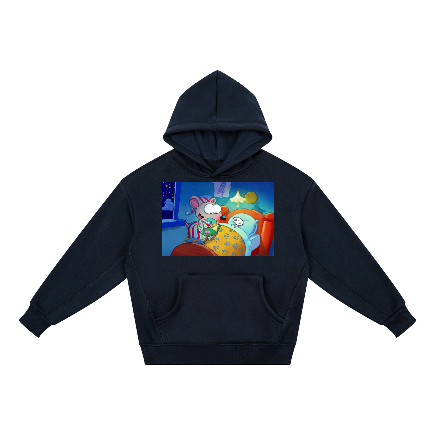 A navy blue pullover hoodie with a front kangaroo pocket and a colorful cartoon graphic printed on the chest, displayed against a solid white background.