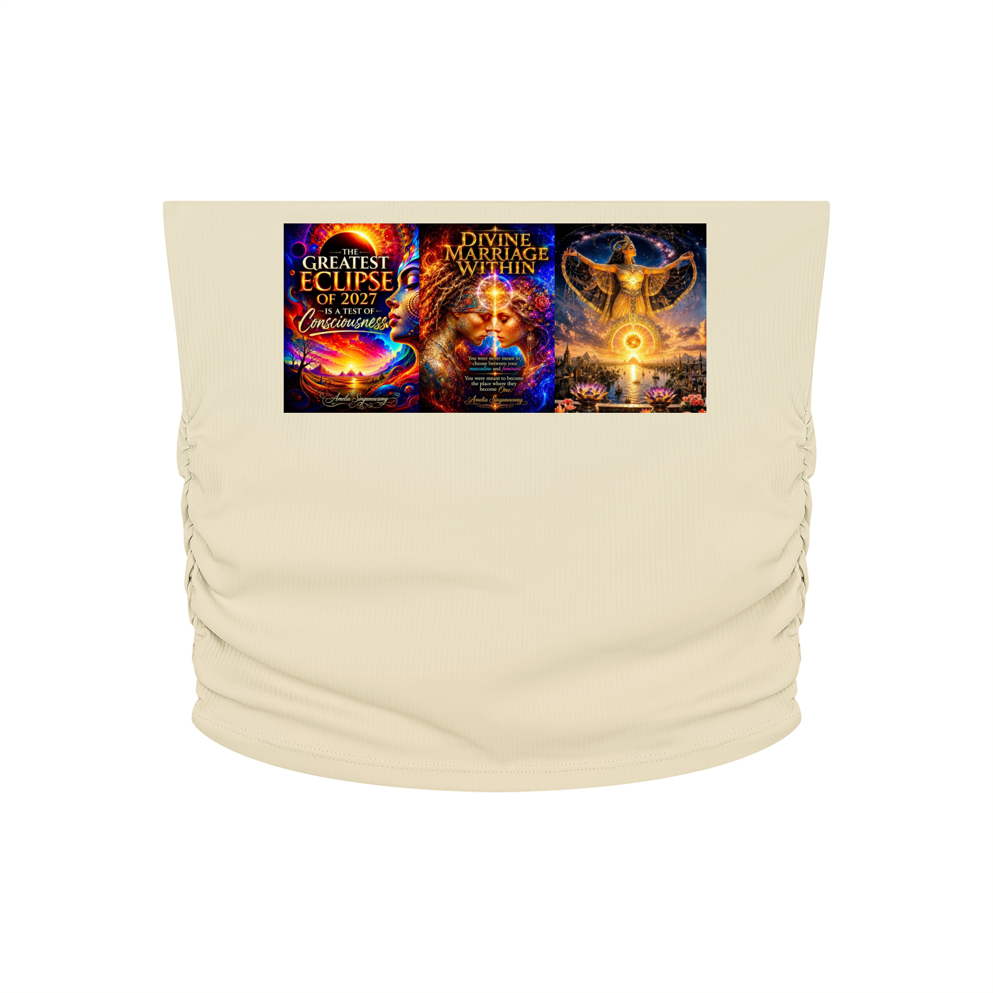 A beige strapless tube top with side ruching, featuring a large rectangular graphic print on the chest depicting three colorful fantasy movie posters.