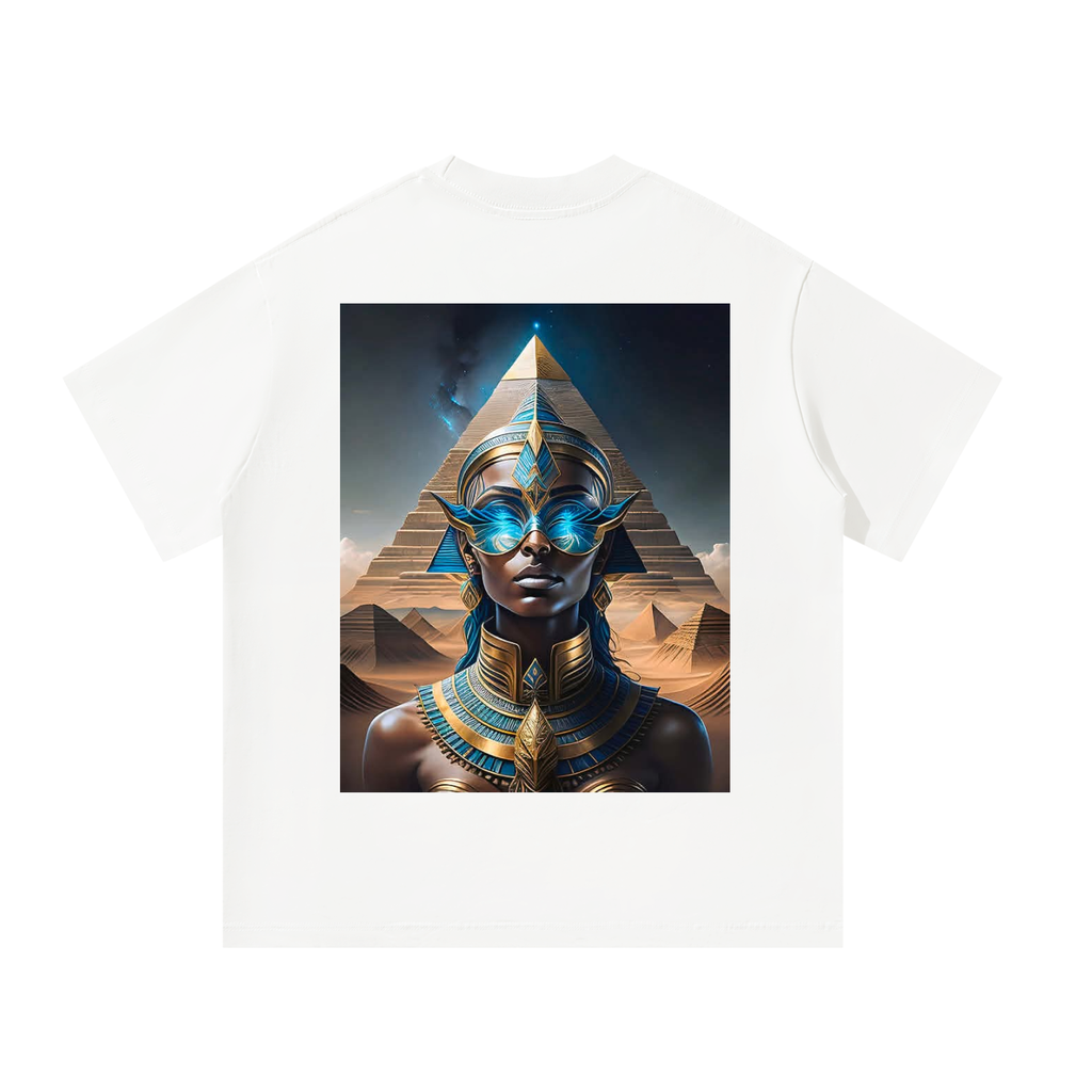 White t-shirt with a graphic of an Egyptian-themed design featuring a pyramid and a person in ornate clothing.