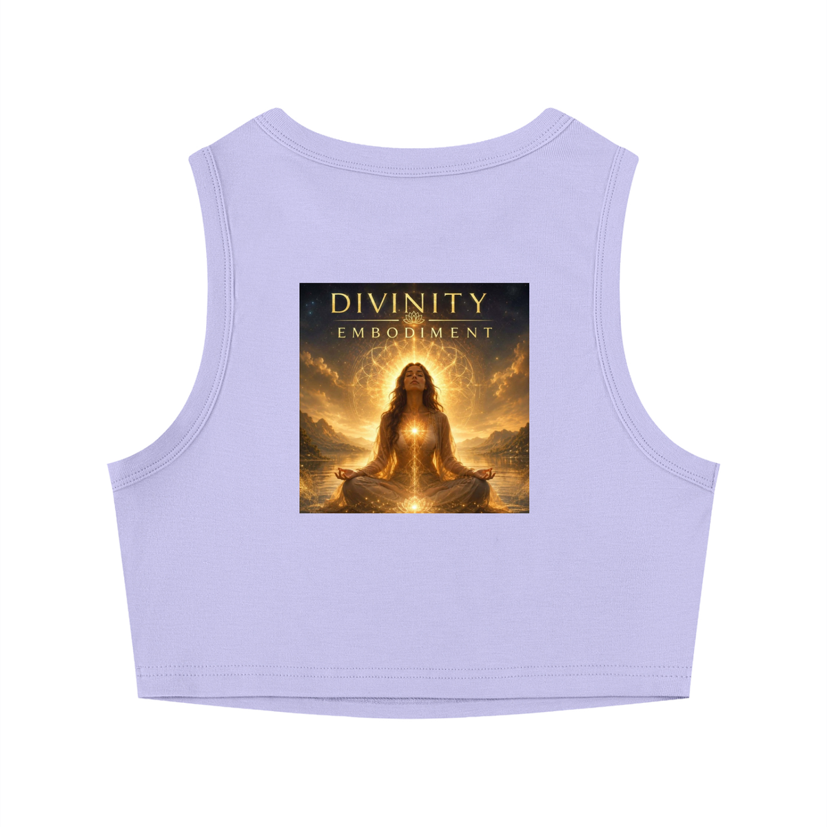 A light purple sleeveless crop top featuring a square graphic print on the front with the text 'DIVINITY IS EMBOIMENT' and an illustration of a glowing figure meditating in a golden scene.