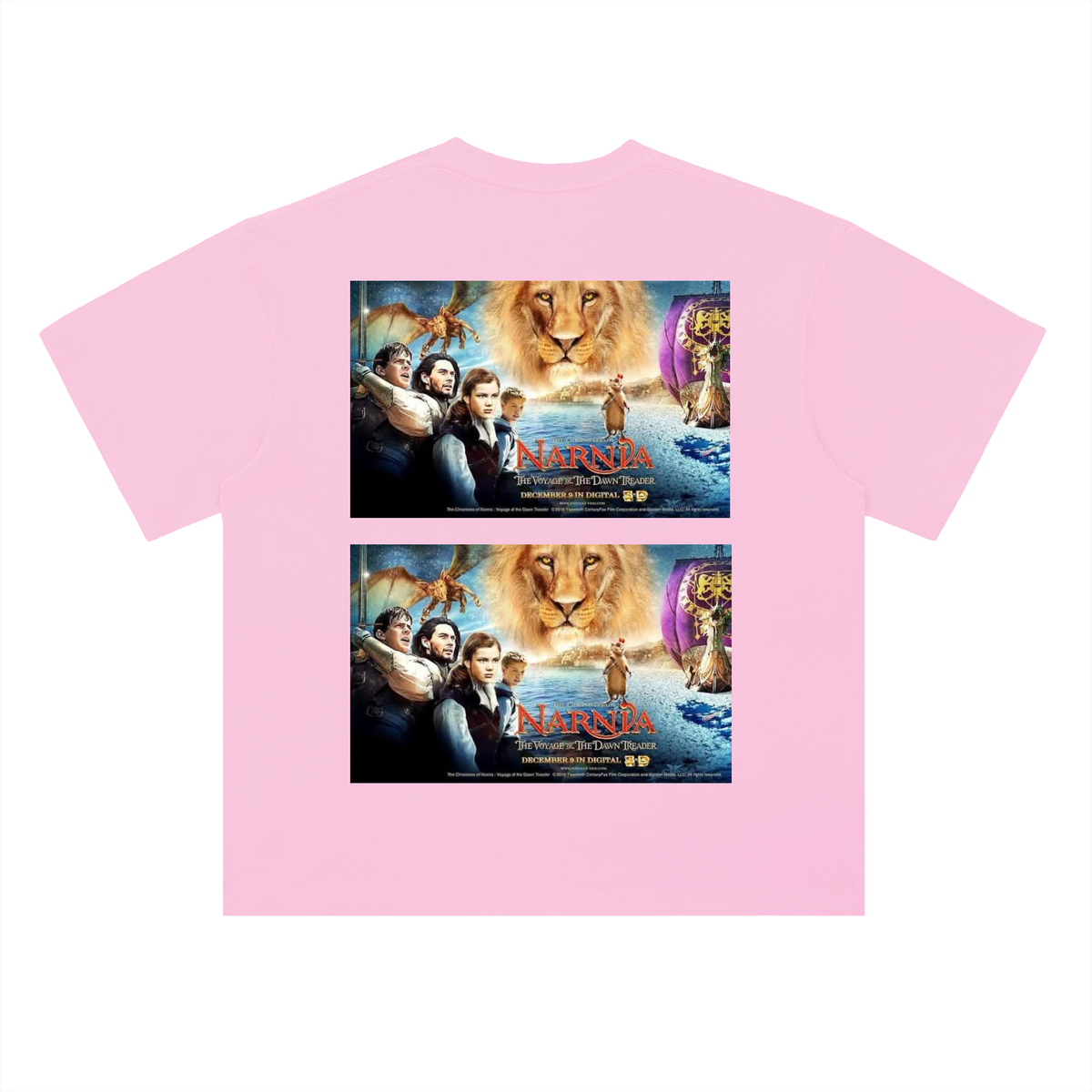 Pink t-shirt with 'The Chronicles of Narnia' movie poster design on a white background