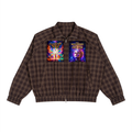 A brown and black plaid zip-up jacket with two colorful graphic prints on the chest, displayed flat against a solid white background.