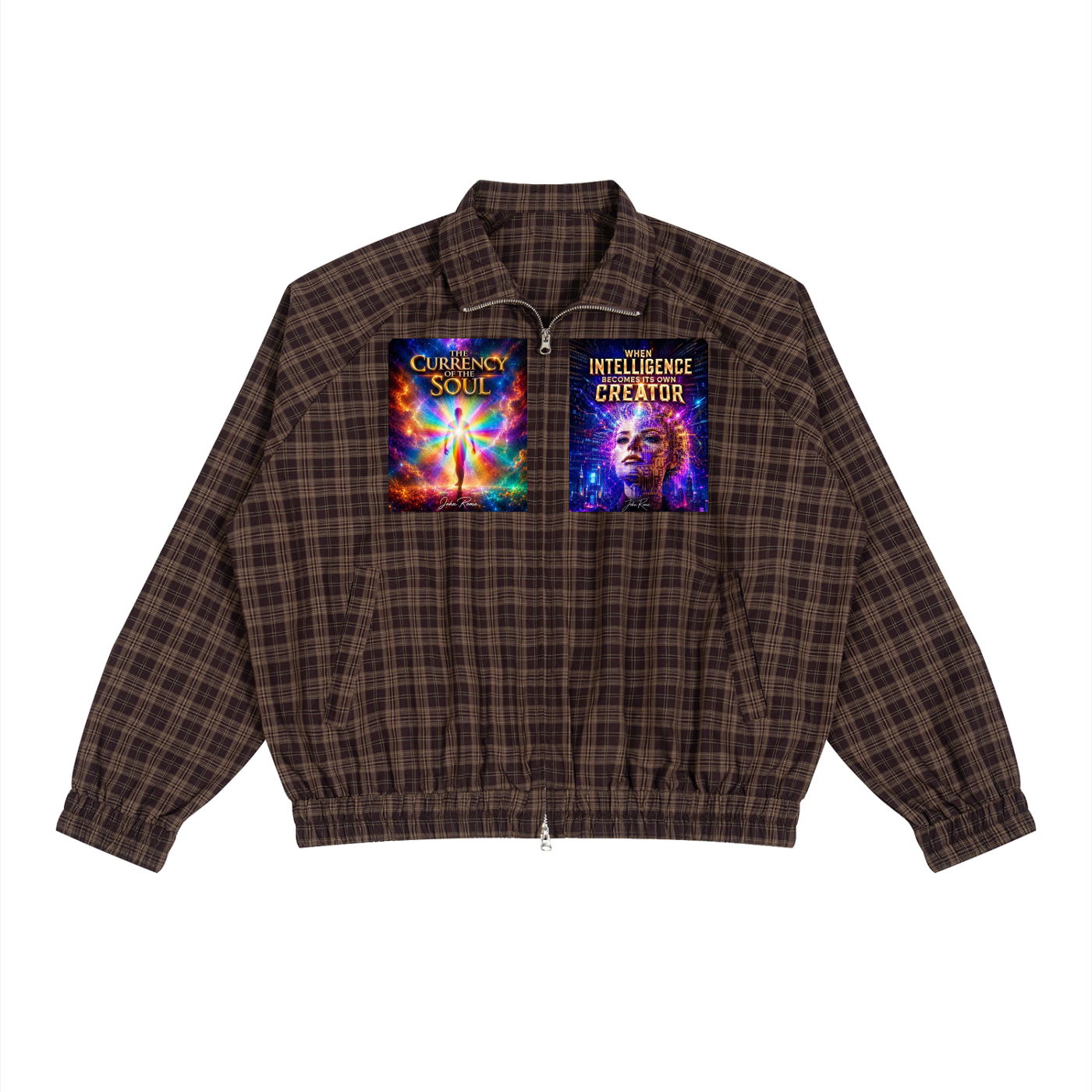 A brown and black plaid zip-up jacket with two colorful graphic prints on the chest, displayed flat against a solid white background.