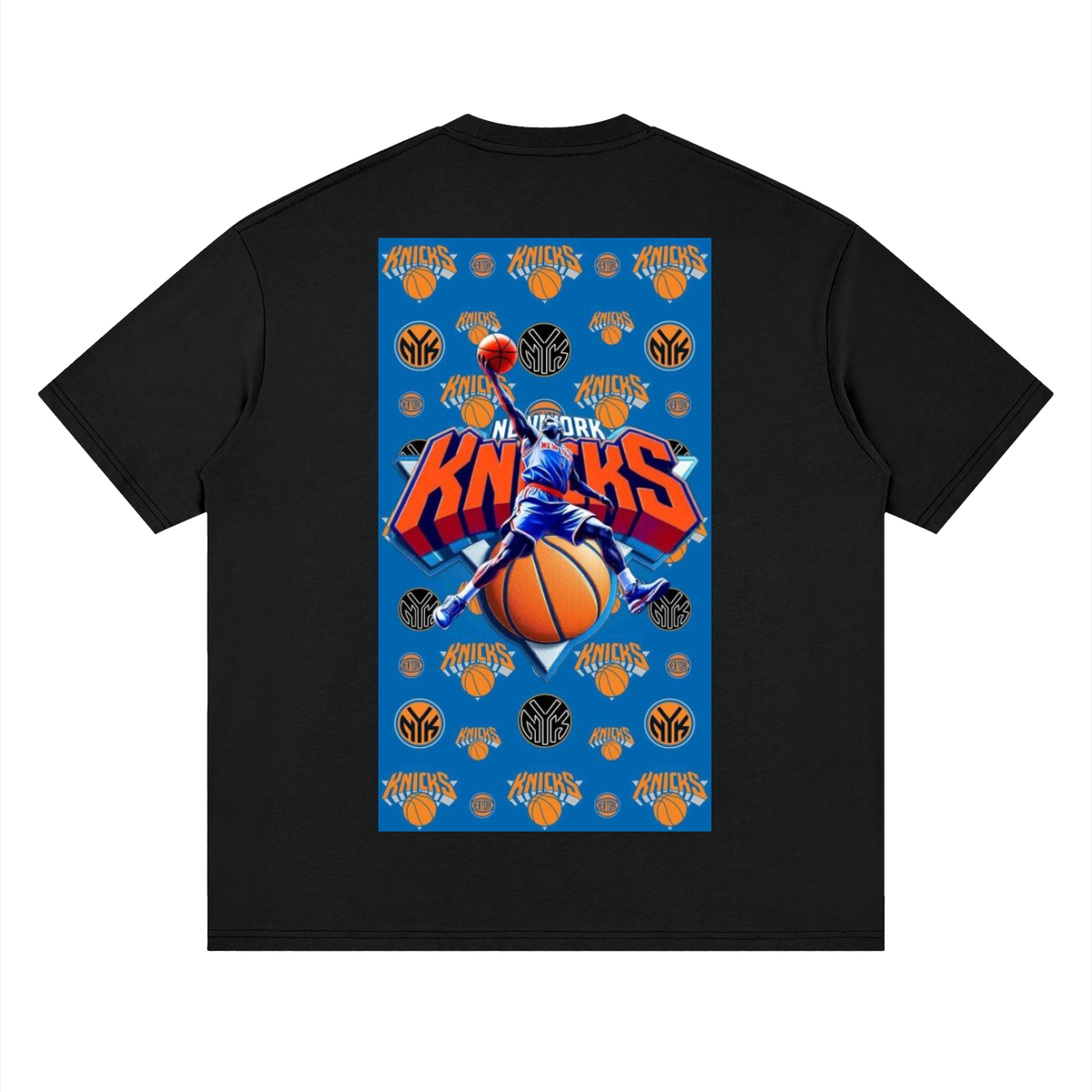 Black t-shirt with New York Knicks graphic on a white background
