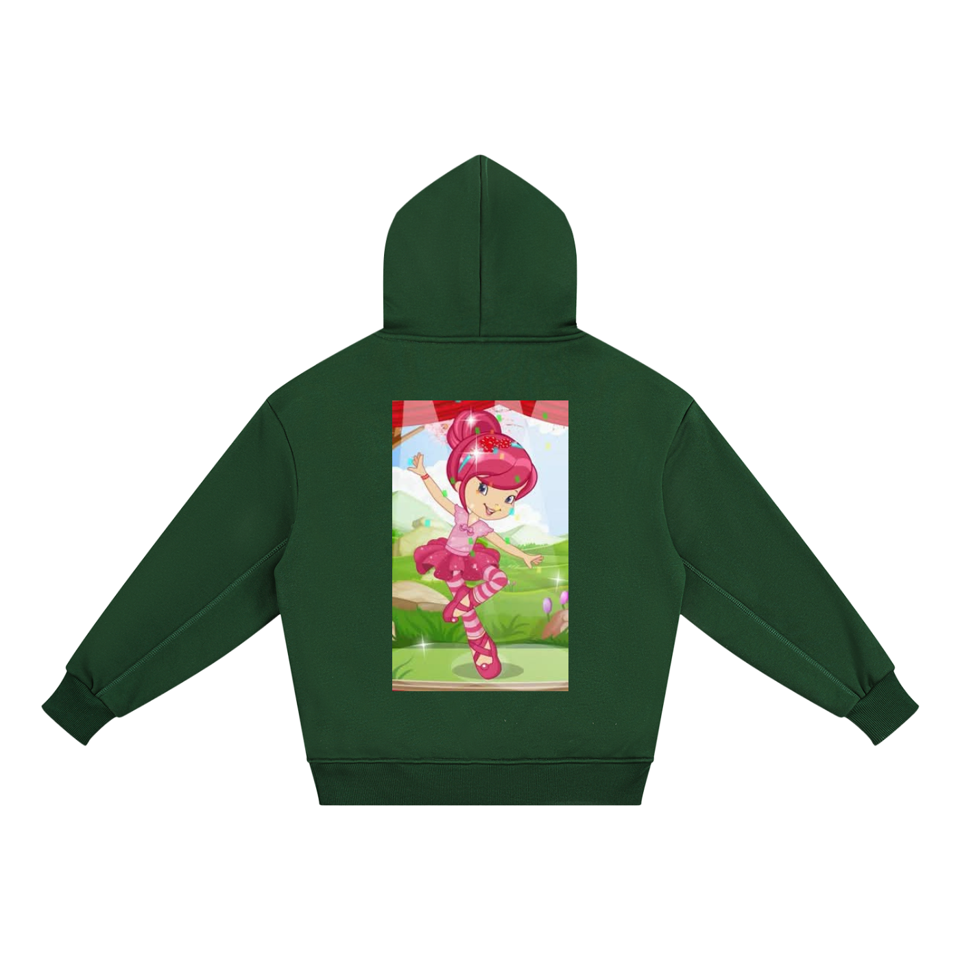 Green hoodie with a colorful graphic of a character on the back, on a white background