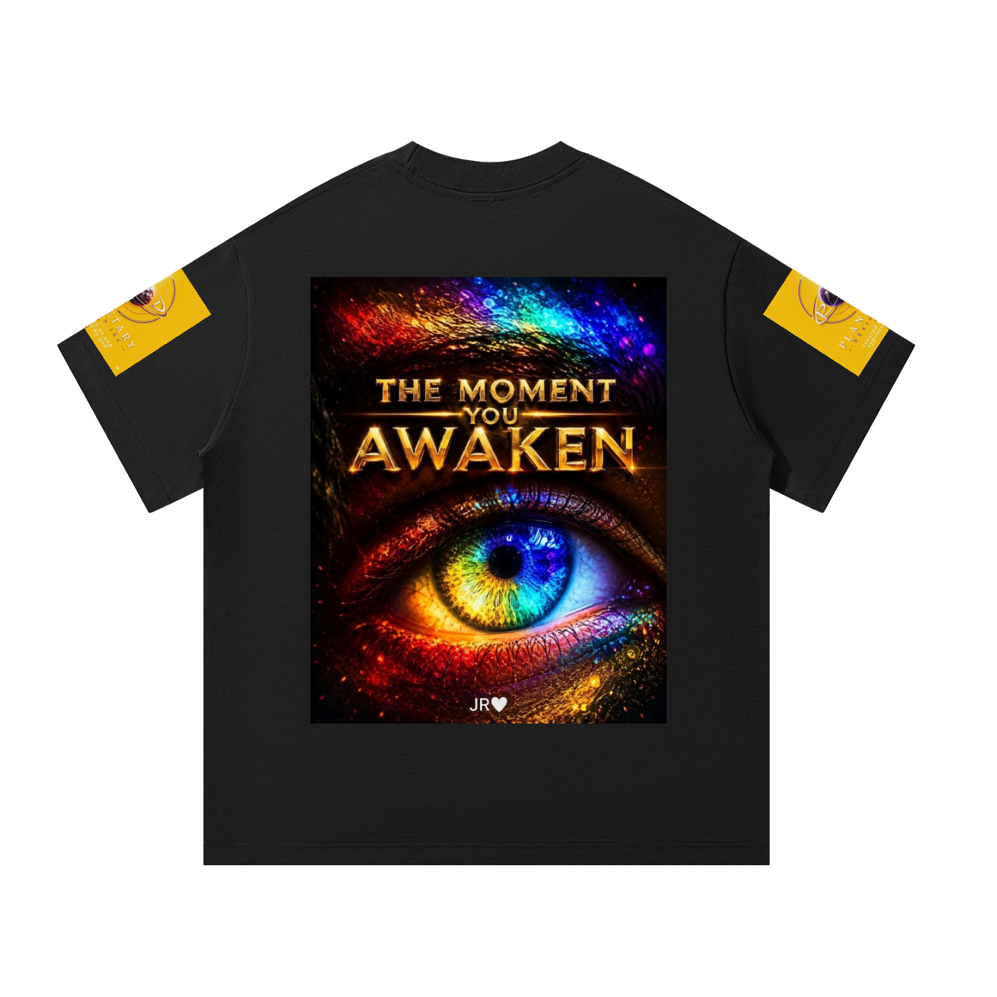 A black short-sleeve t-shirt with a large graphic print on the front showing a colorful cosmic eye and the text 'THE MOMENT YOU AWAKEN'. The sleeves feature yellow patches with circular eye illustrations.