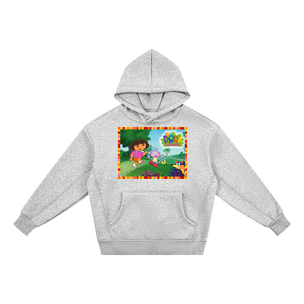 Gray hoodie with Dora the Explorer graphic on a white background