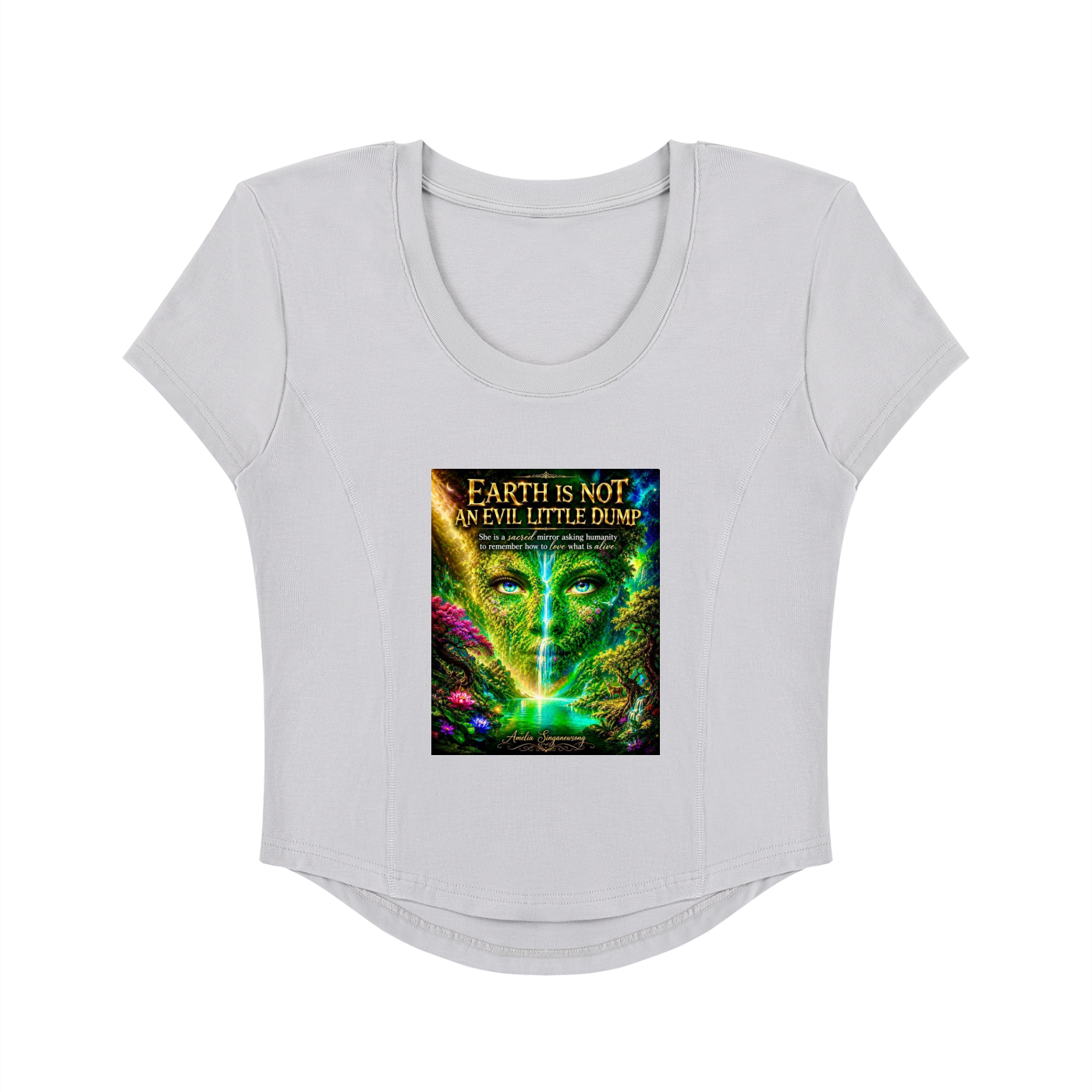 White t-shirt with a colorful graphic design on a white background