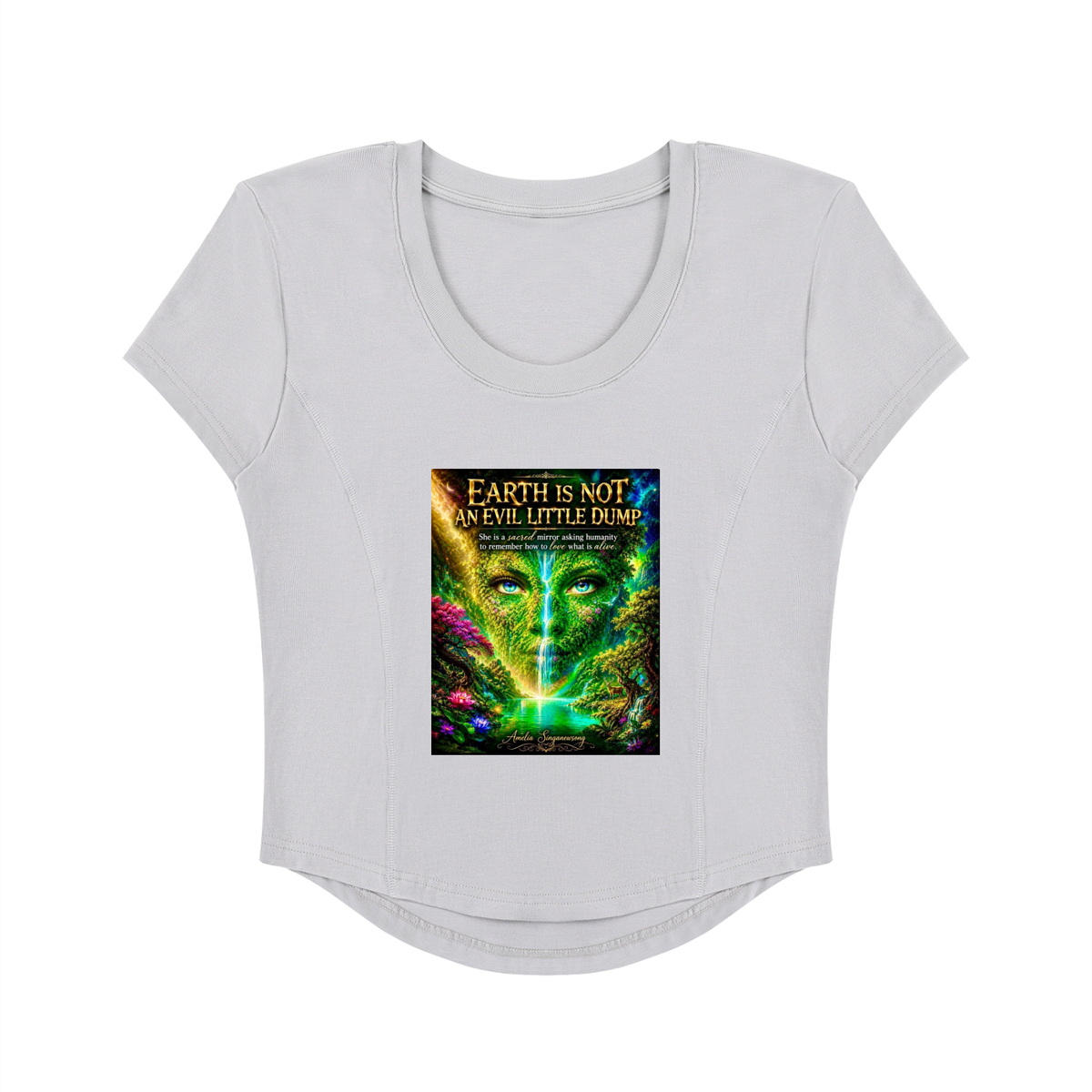 White t-shirt with a colorful graphic design on a white background
